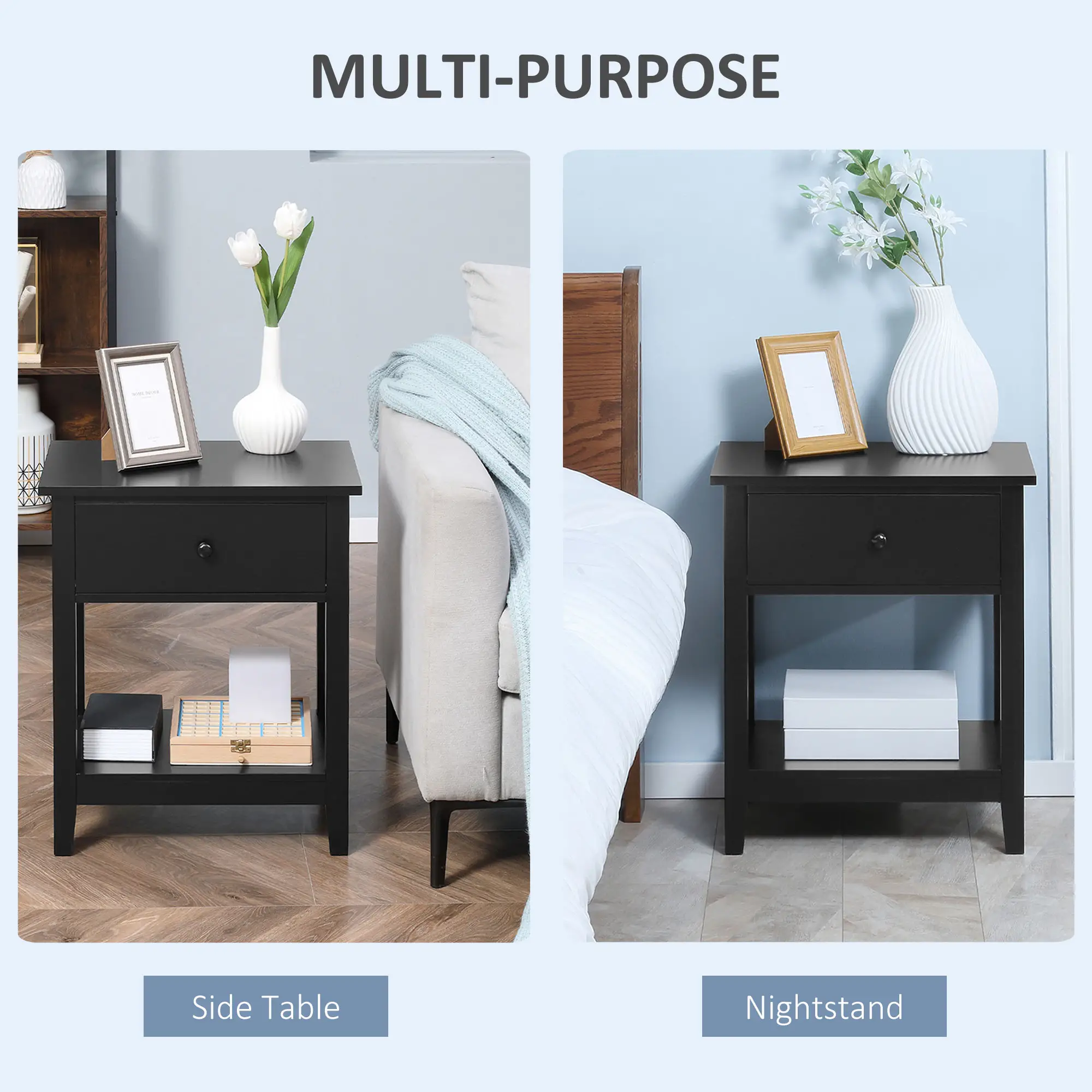 Modern Nightstand, Small End Table with Drawer, Storage Shelf, Black - Image 5