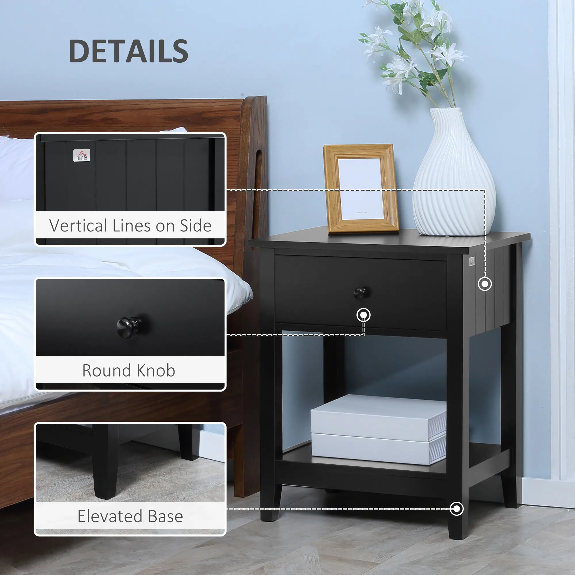 Modern Nightstand, Small End Table with Drawer, Storage Shelf, Black - Image 6