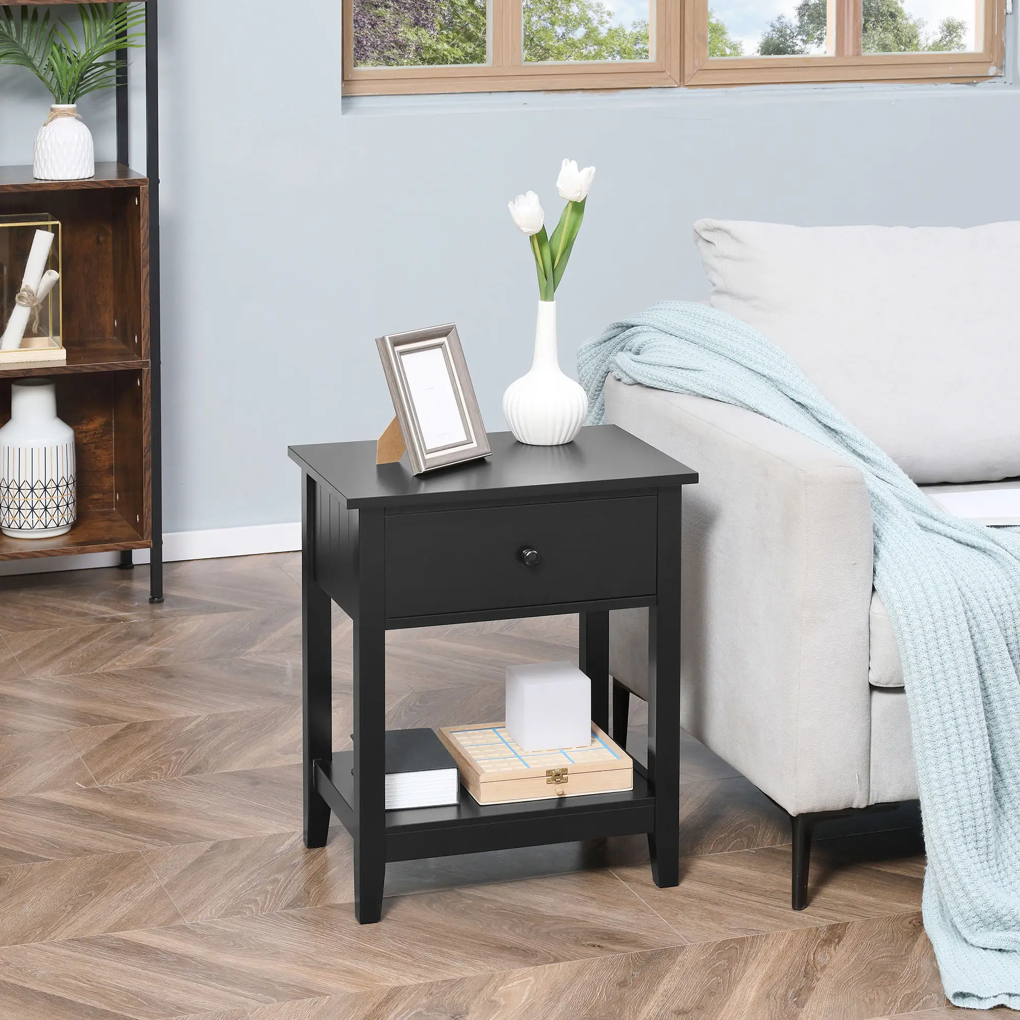 Modern Nightstand, Small End Table with Drawer, Storage Shelf, Black - Image 7
