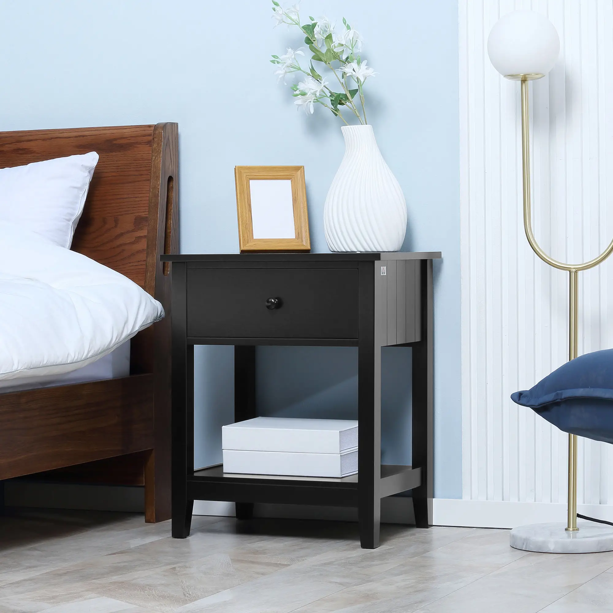 Modern Nightstand, Small End Table with Drawer, Storage Shelf, Black - Image 8
