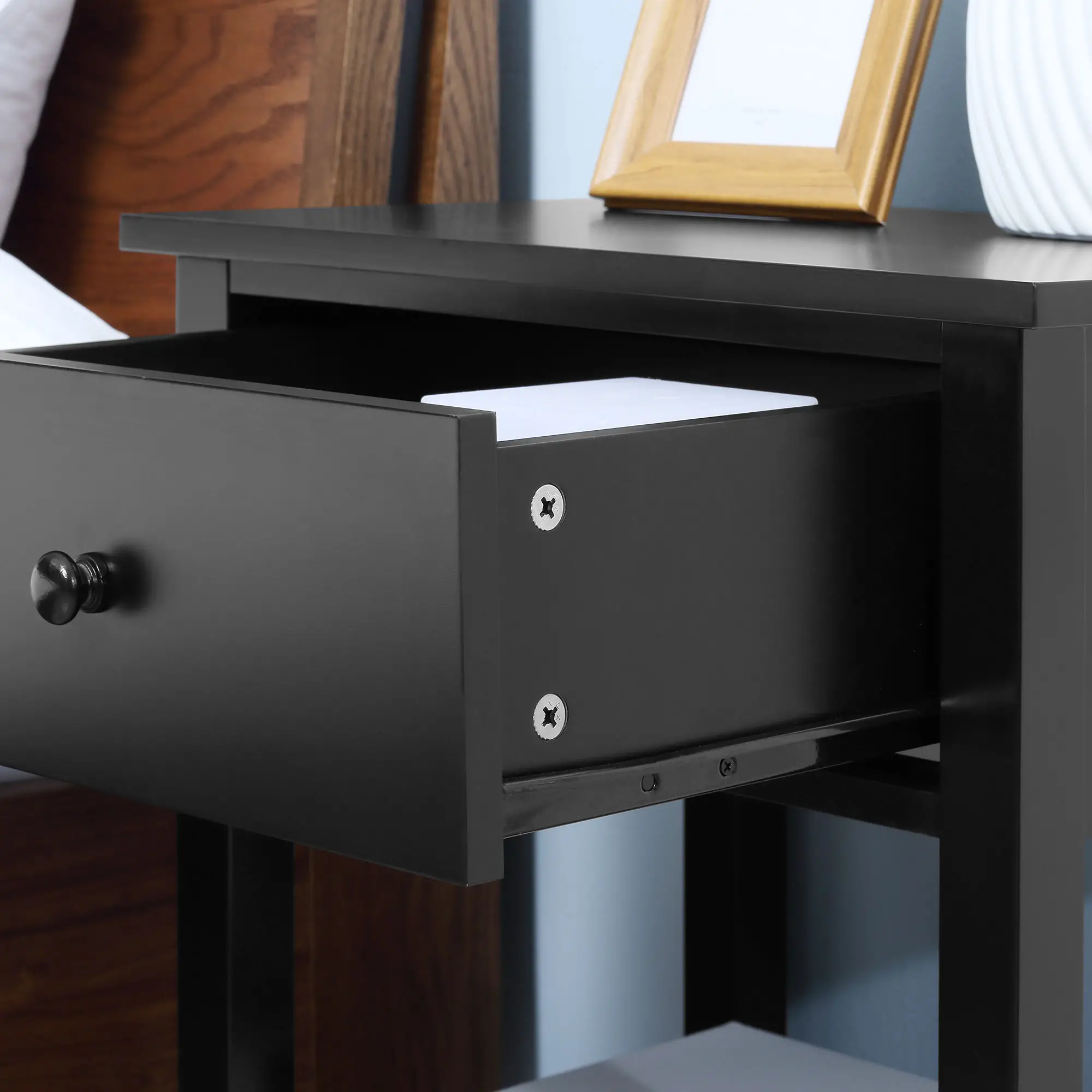 Modern Nightstand, Small End Table with Drawer, Storage Shelf, Black - Image 9
