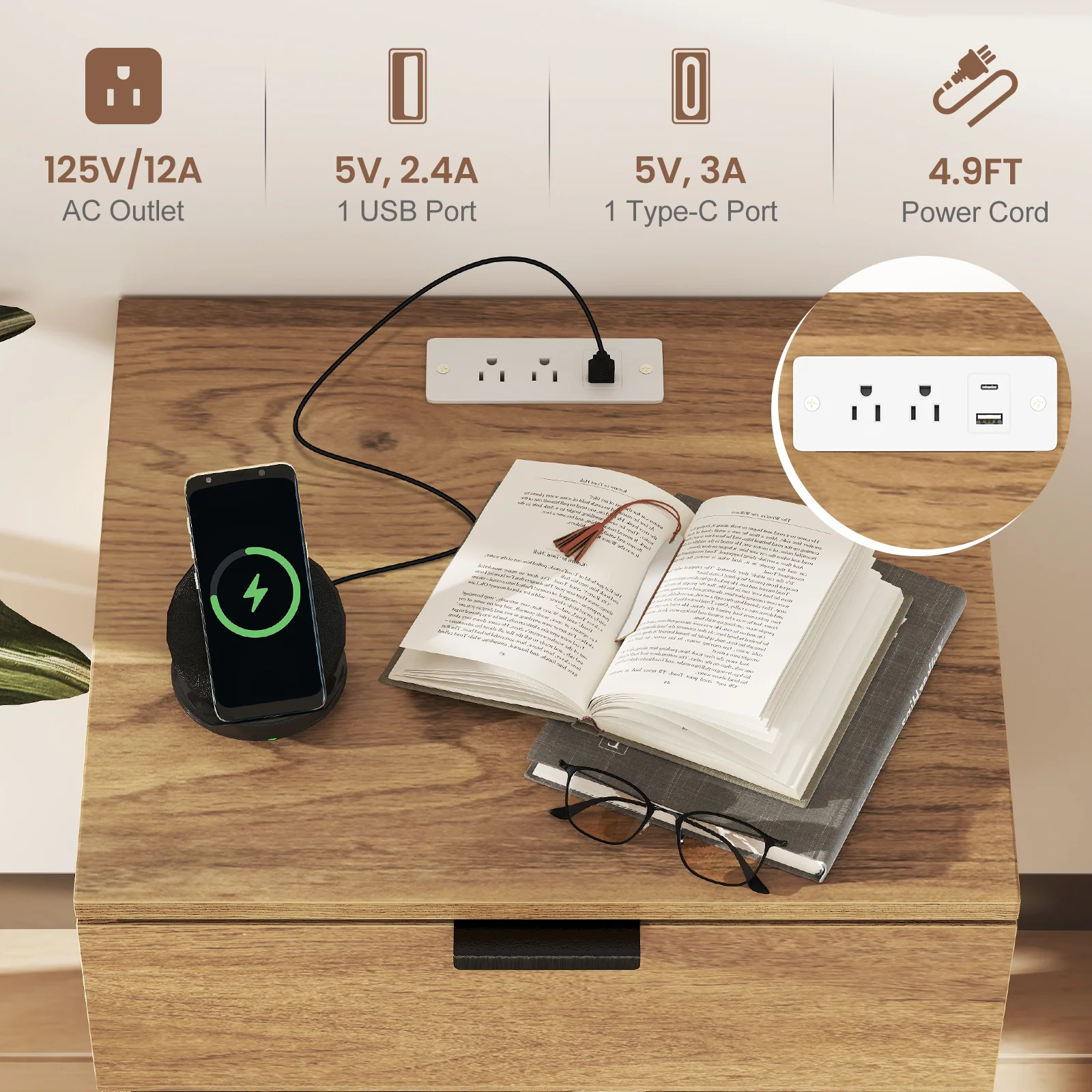 Modern Nightstand With Charging Station, Natural - Image 10