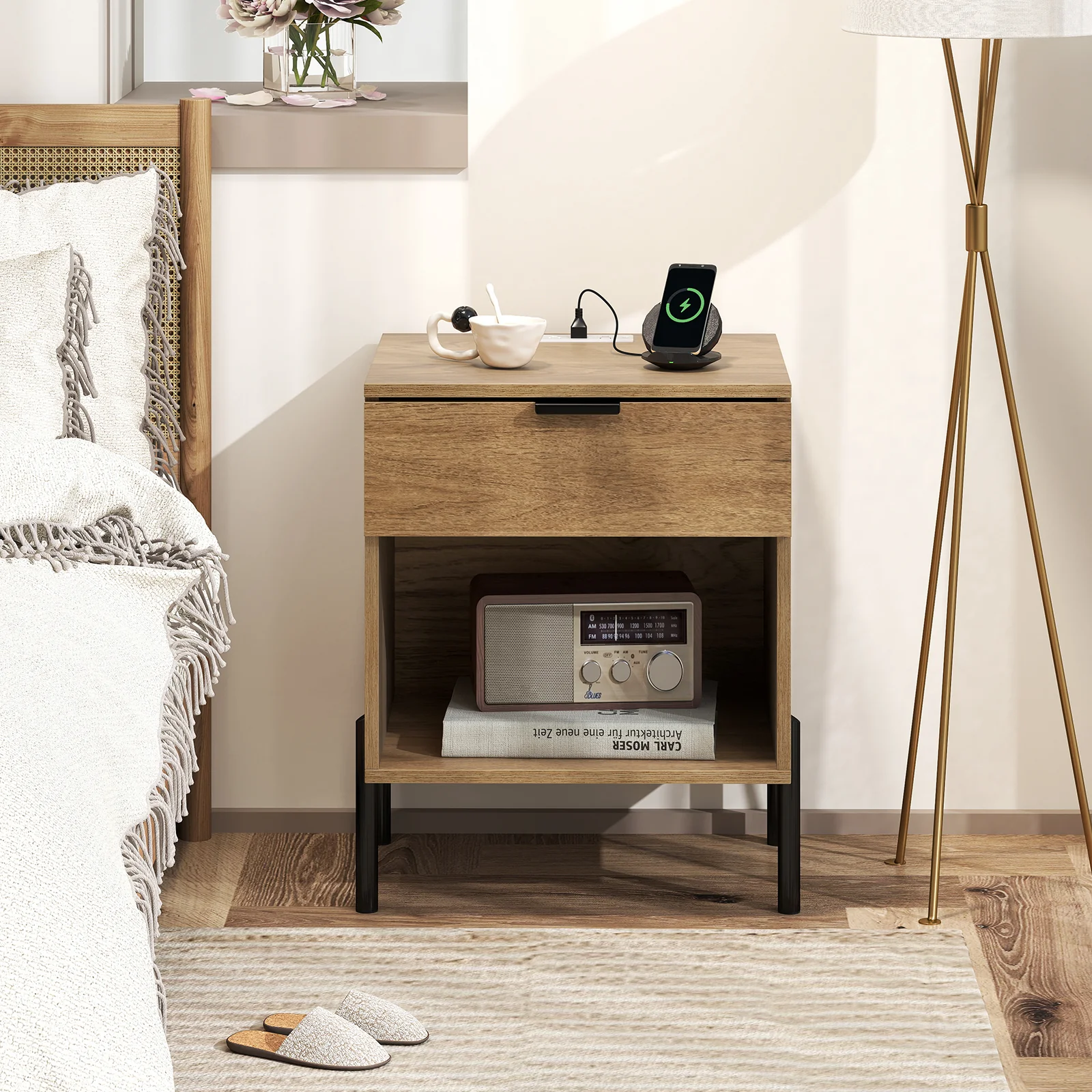 Modern Nightstand With Charging Station, Natural - Image 2