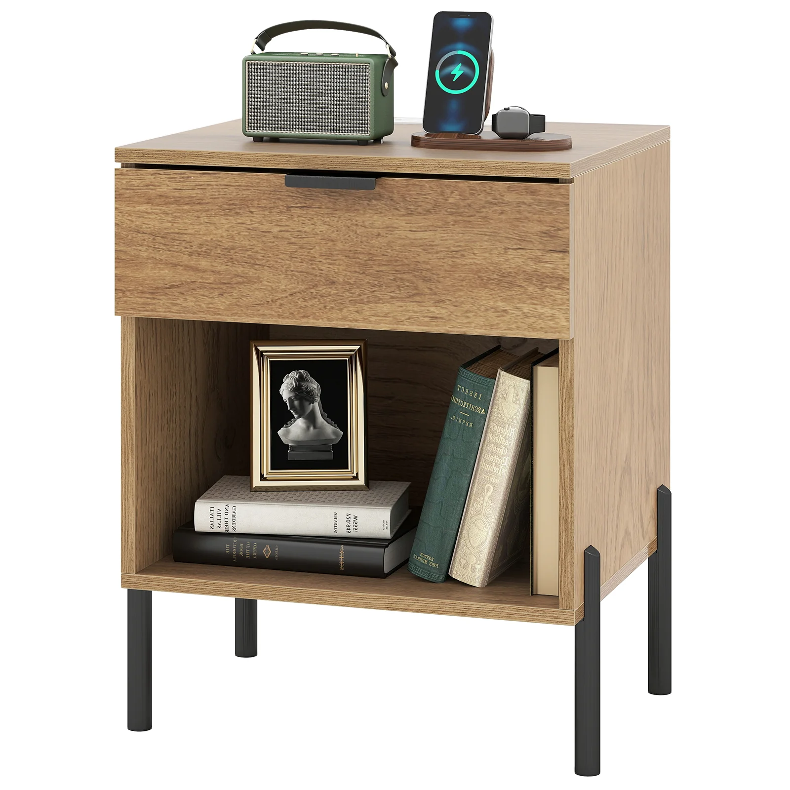 Modern Nightstand With Charging Station, Natural - Image 4