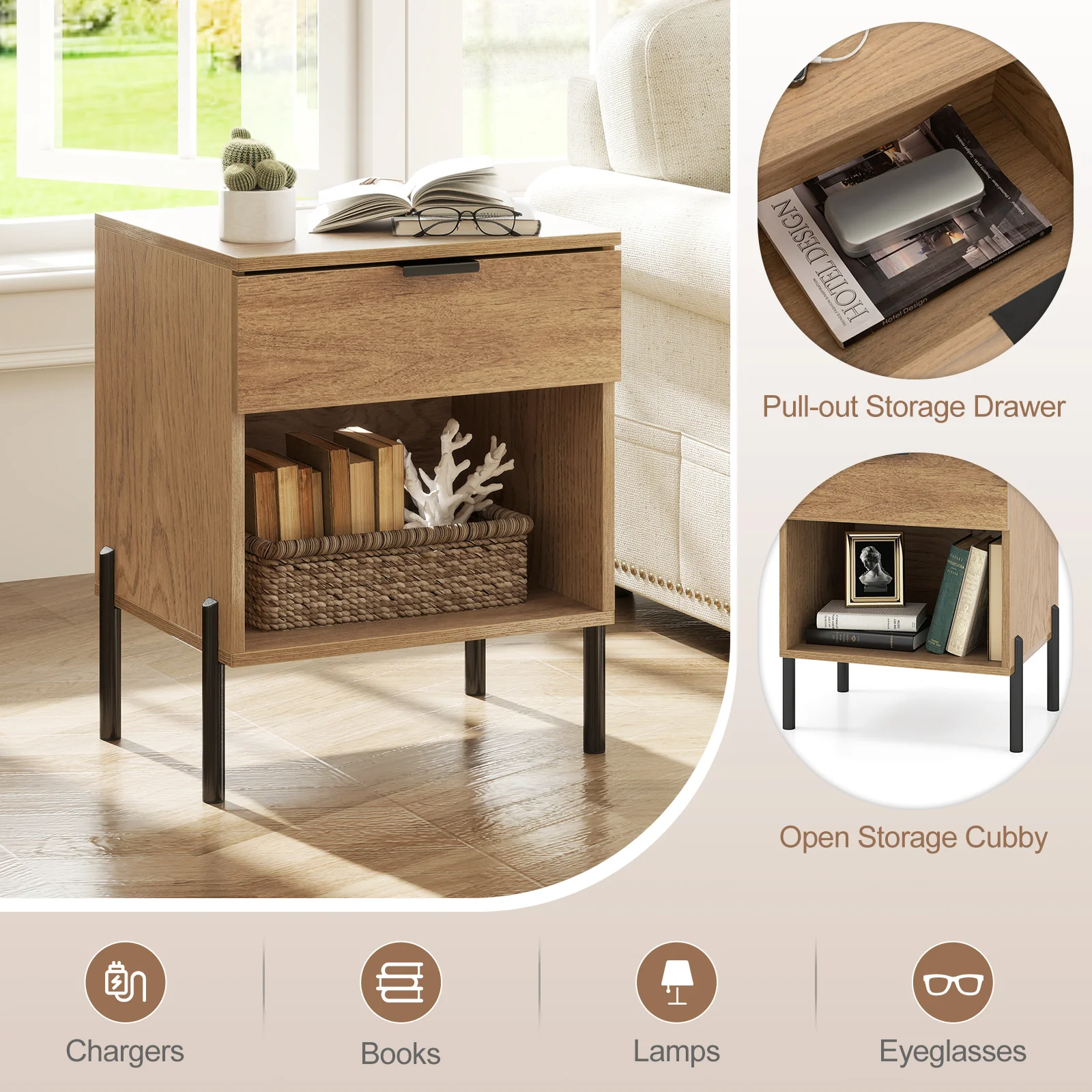 Modern Nightstand With Charging Station, Natural - Image 7