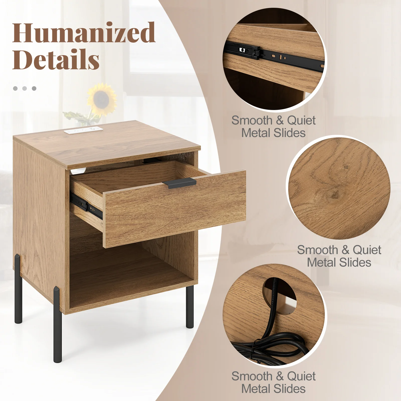 Modern Nightstand With Charging Station, Natural - Image 8