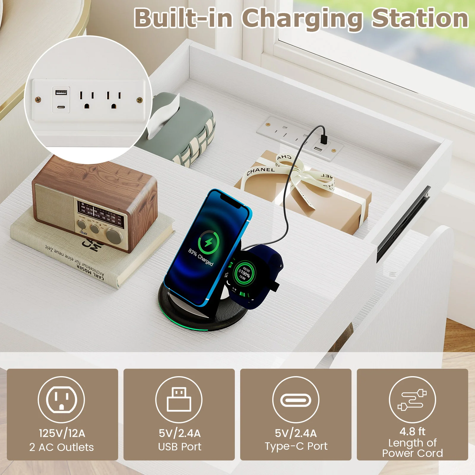 Modern Nightstand With Charging Station, White - Image 10