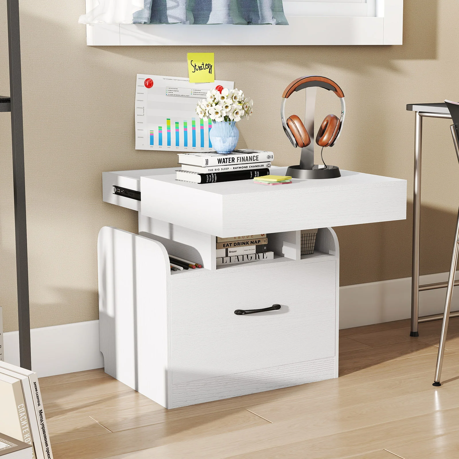 Modern Nightstand With Charging Station, White - Image 2