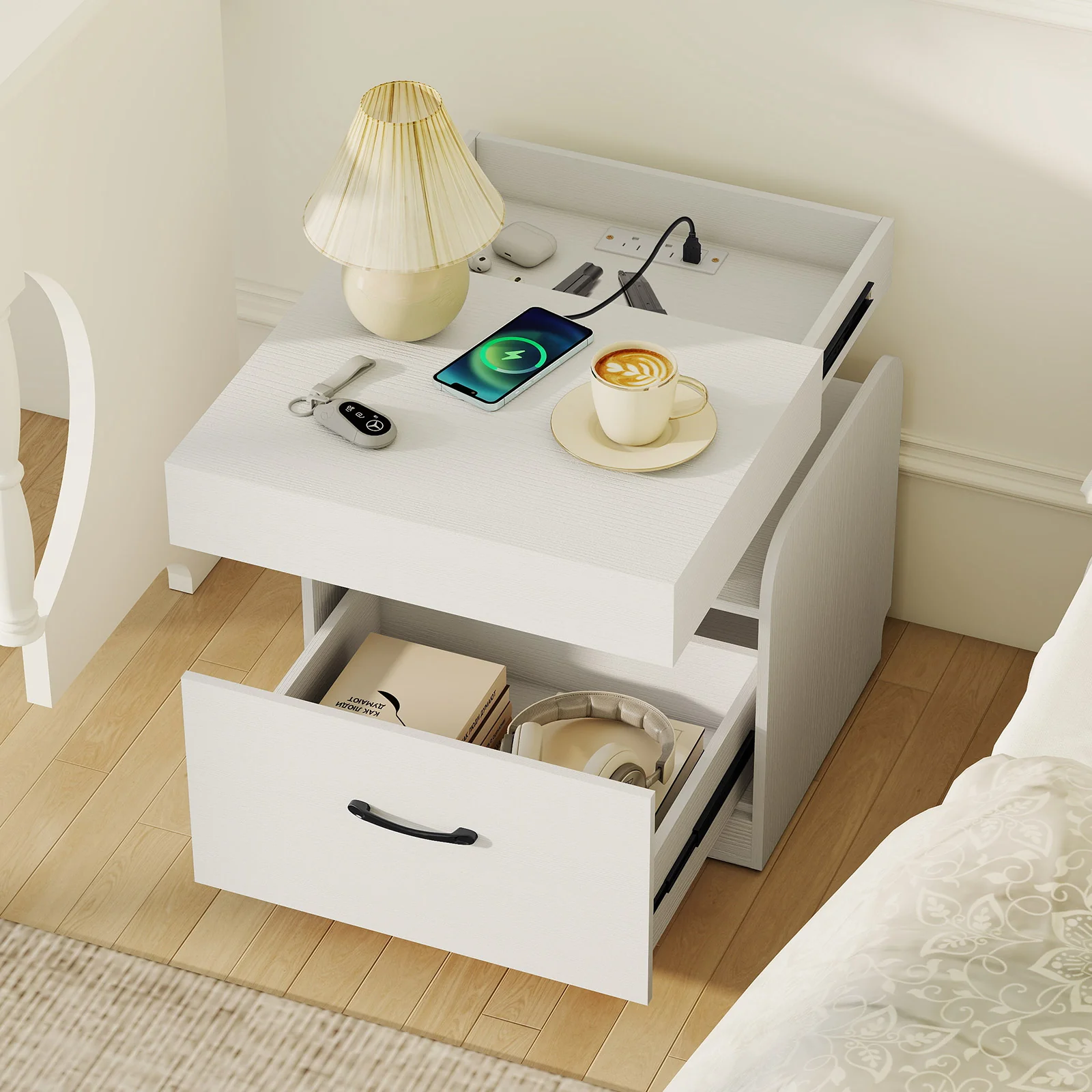 Modern Nightstand With Charging Station, White - Image 3