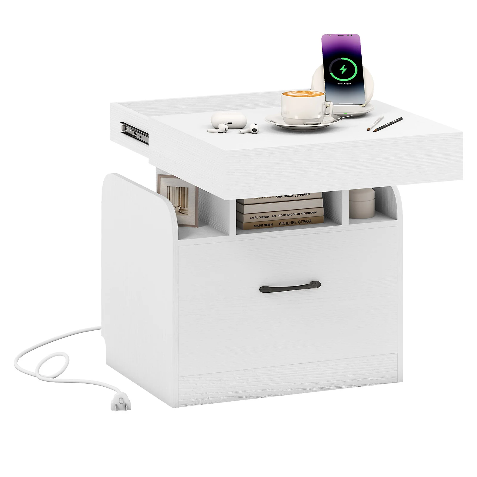 Modern Nightstand With Charging Station, White - Image 5