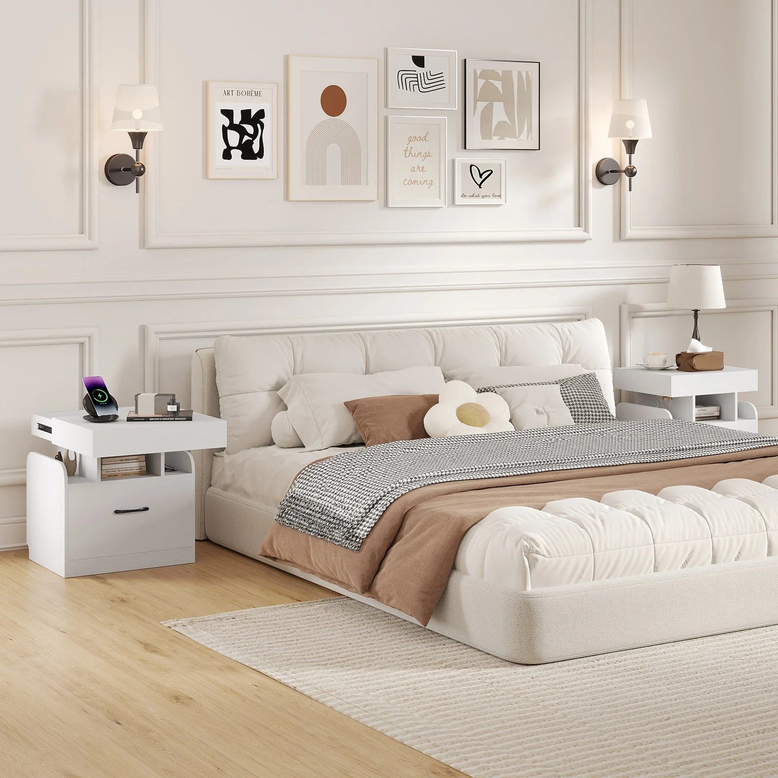 Modern Nightstand With Charging Station, White - Image 8
