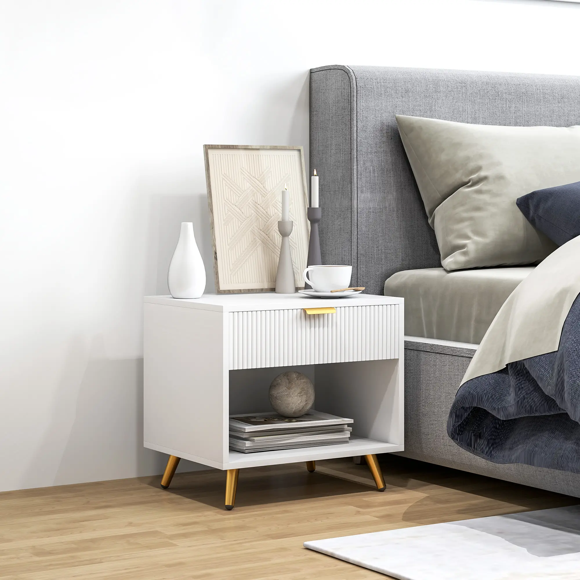 Modern Nightstand with Drawer, Open Compartment, White - Image 2