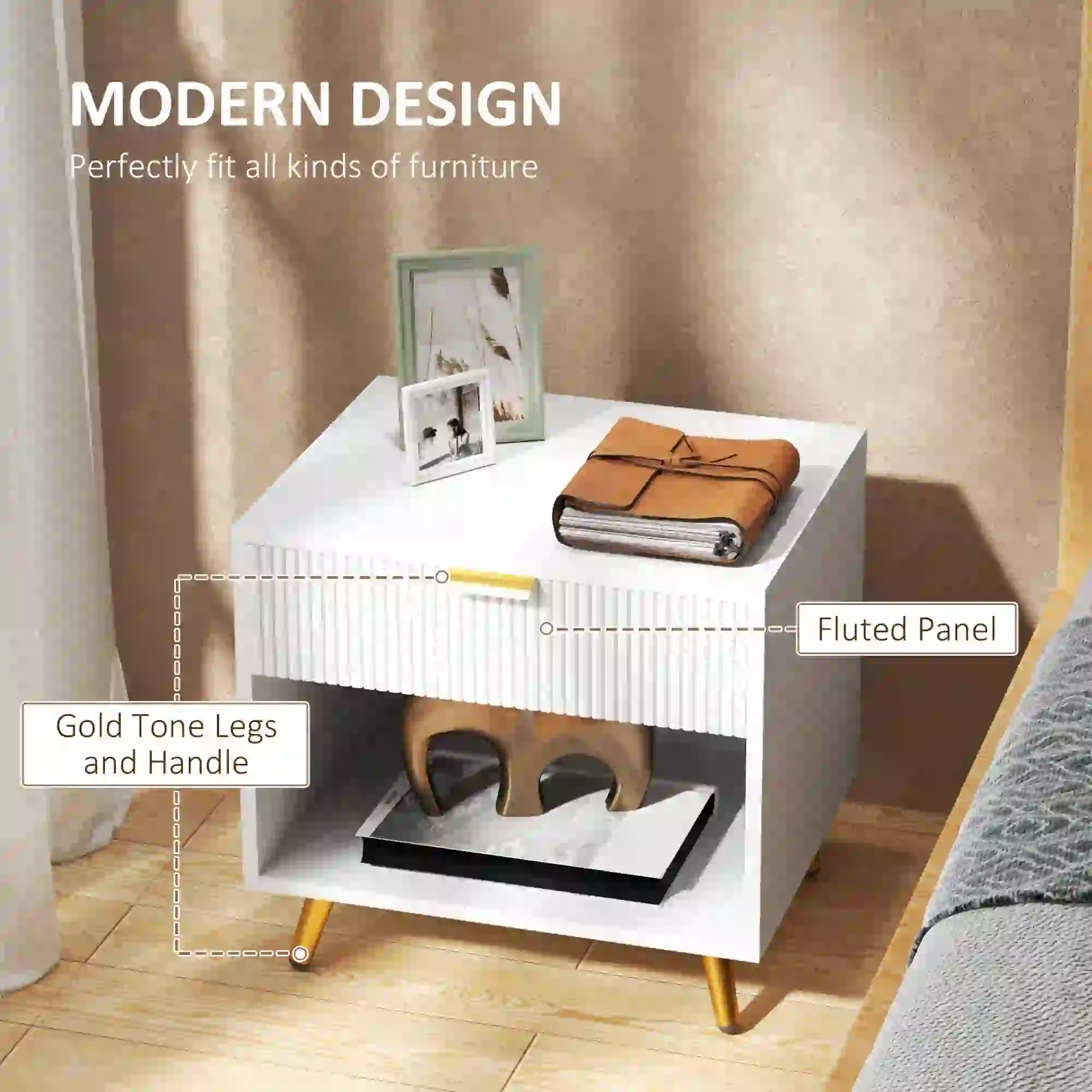 Modern Nightstand with Drawer, Open Compartment, White - Image 4
