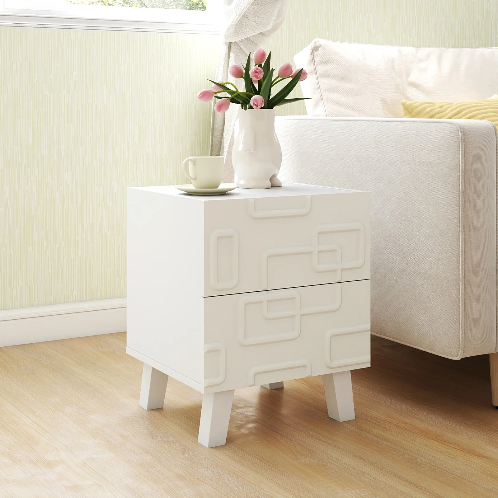 Modern Nightstand With Drawers, 3D Geometric Patterns, White - Image 2