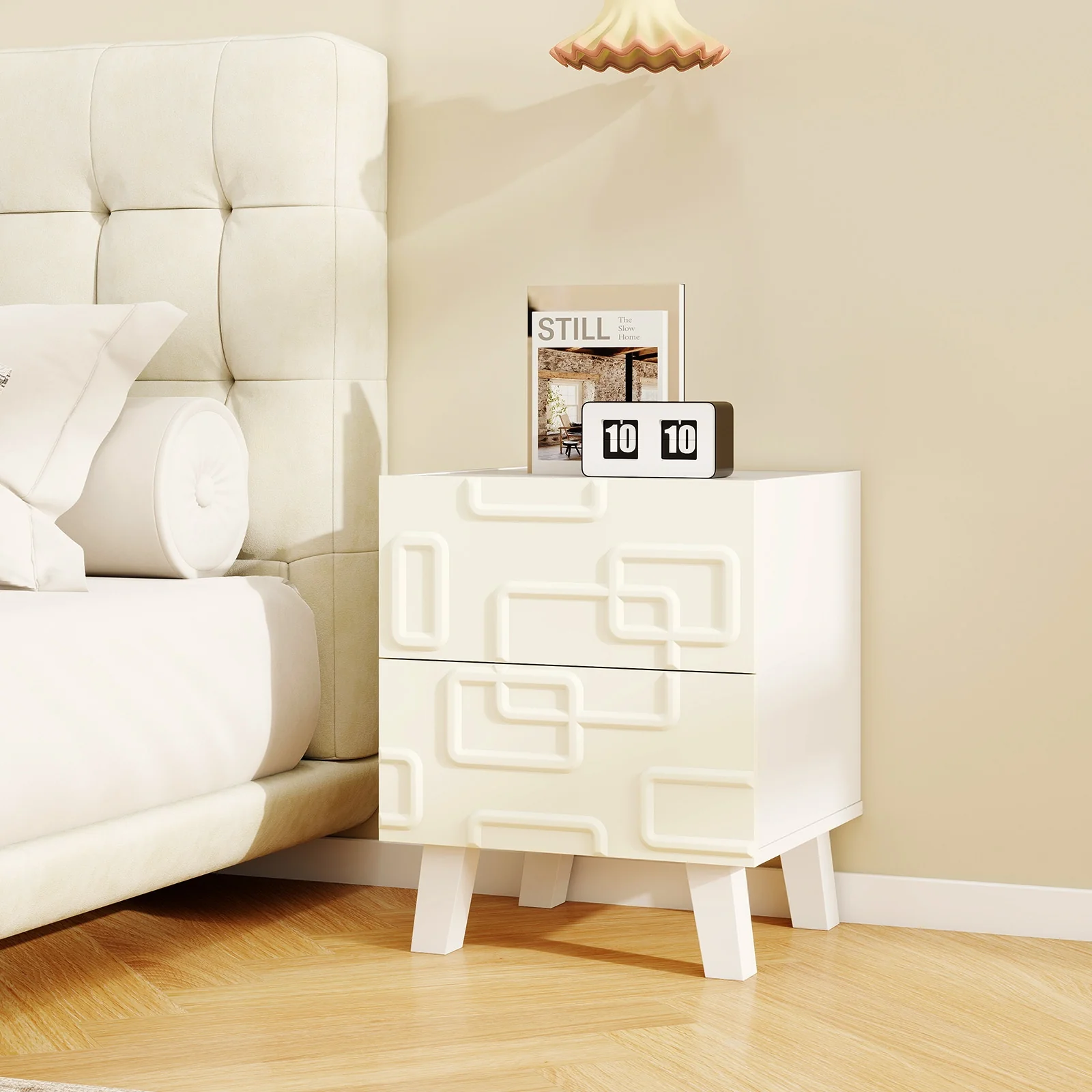 Modern Nightstand With Drawers, 3D Geometric Patterns, White - Image 3