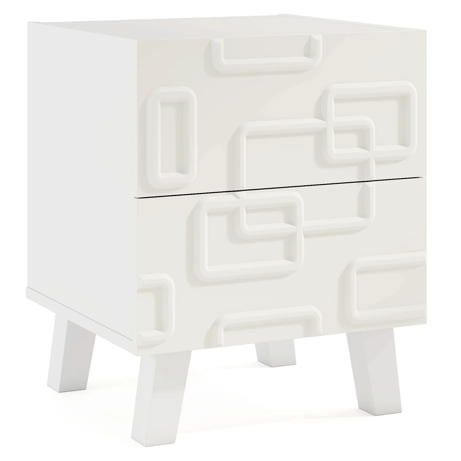 Modern Nightstand With Drawers, 3D Geometric Patterns, White - Image 4
