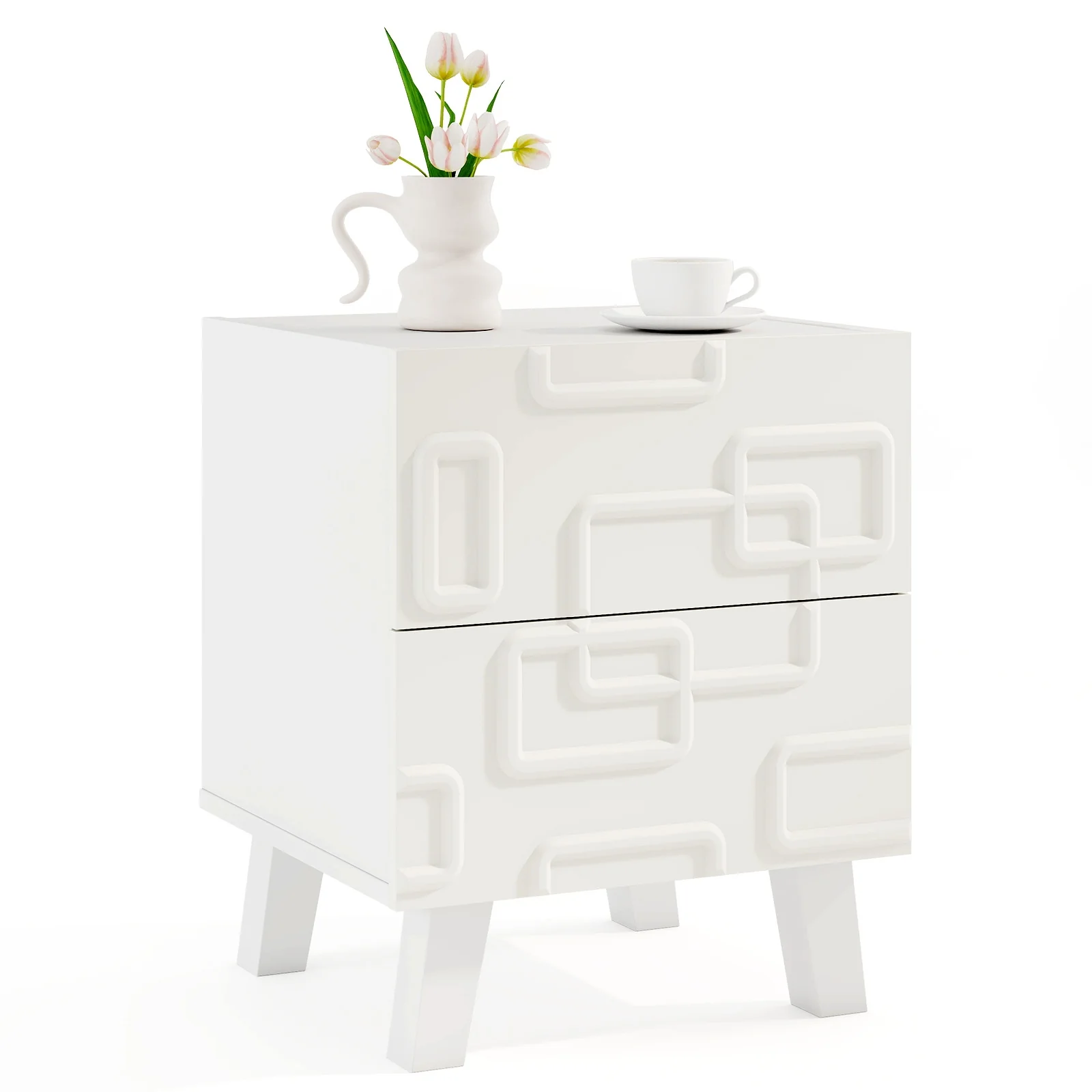 Modern Nightstand With Drawers, 3D Geometric Patterns, White - Image 5