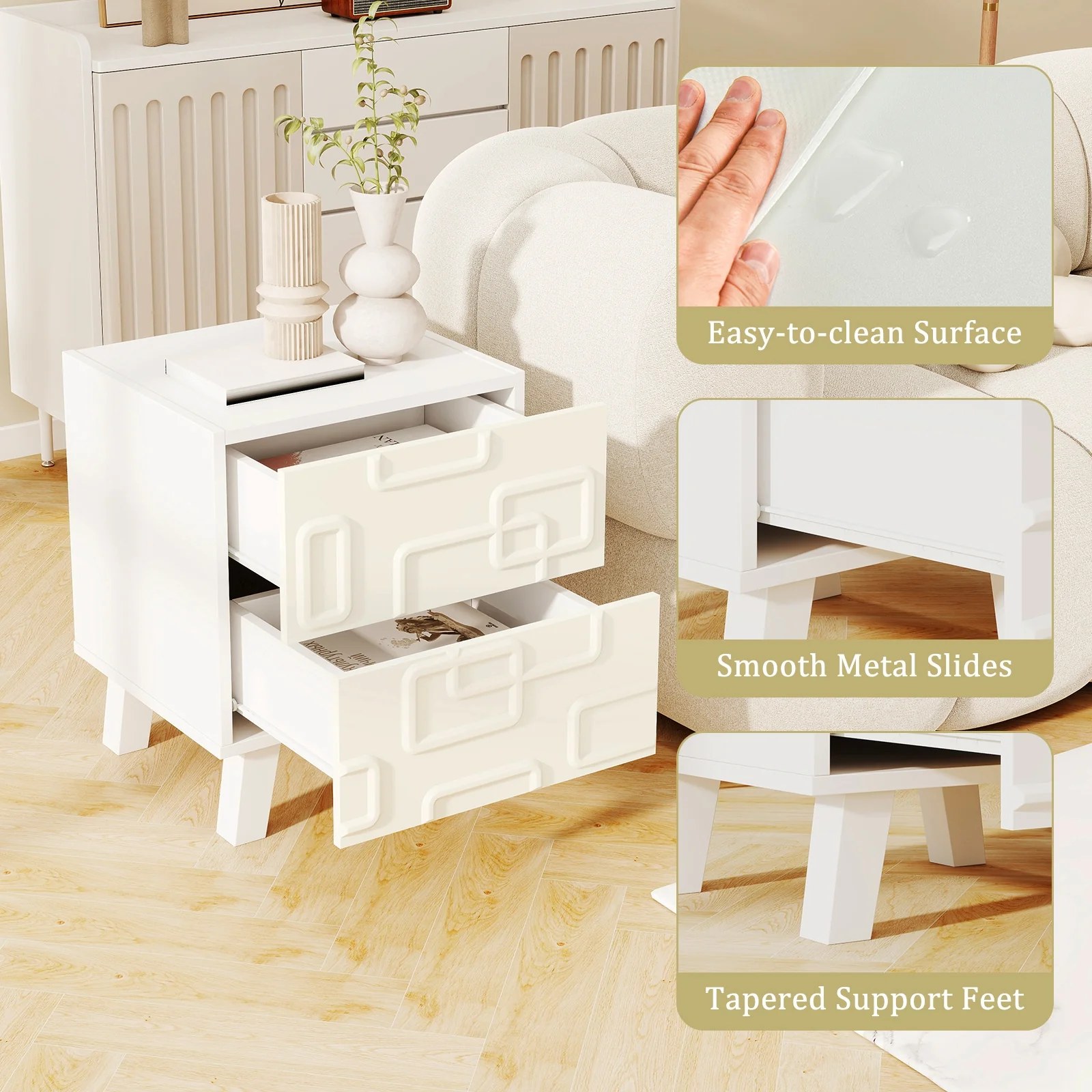 Modern Nightstand With Drawers, 3D Geometric Patterns, White - Image 9