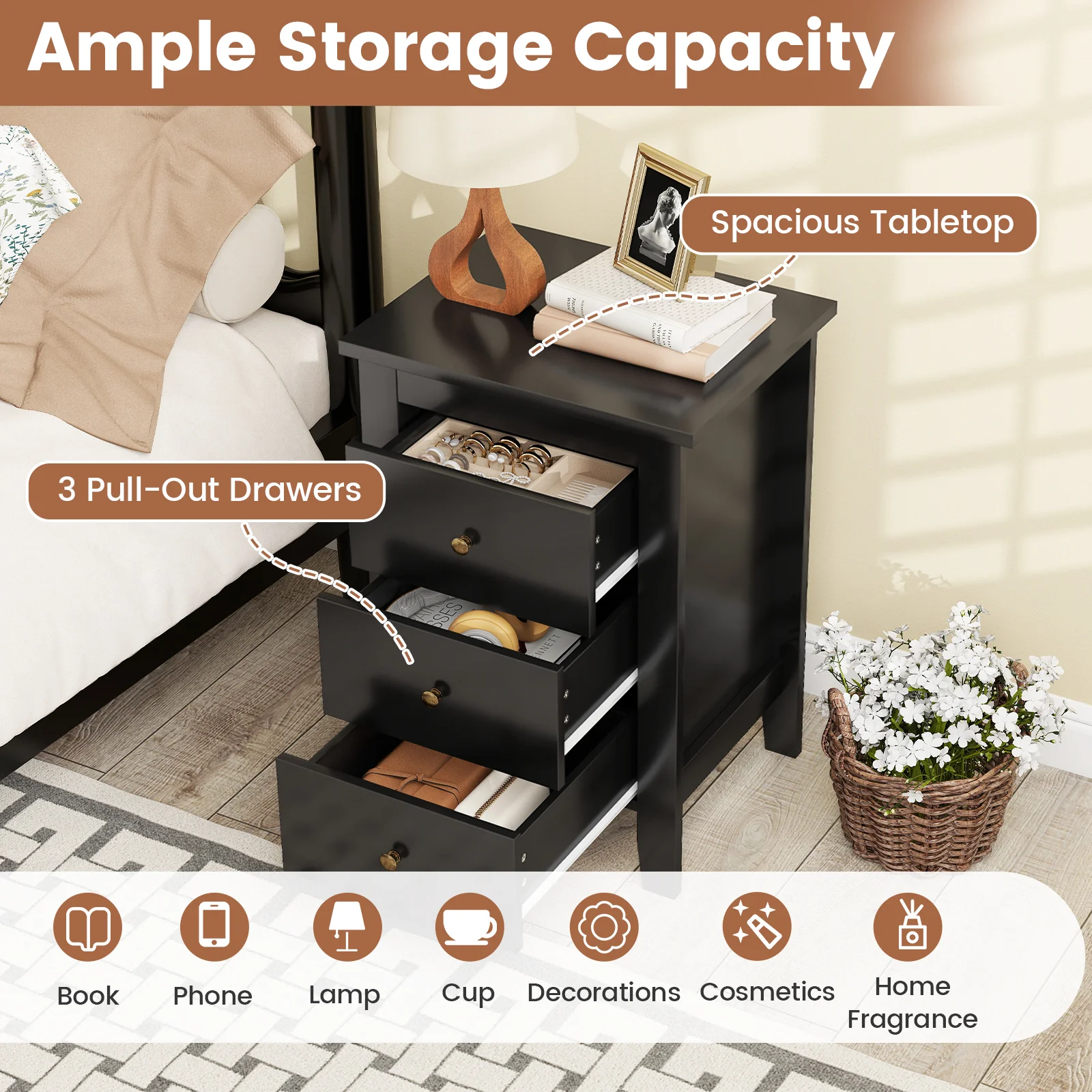 Modern Nightstand With Drawers, Black - Image 8