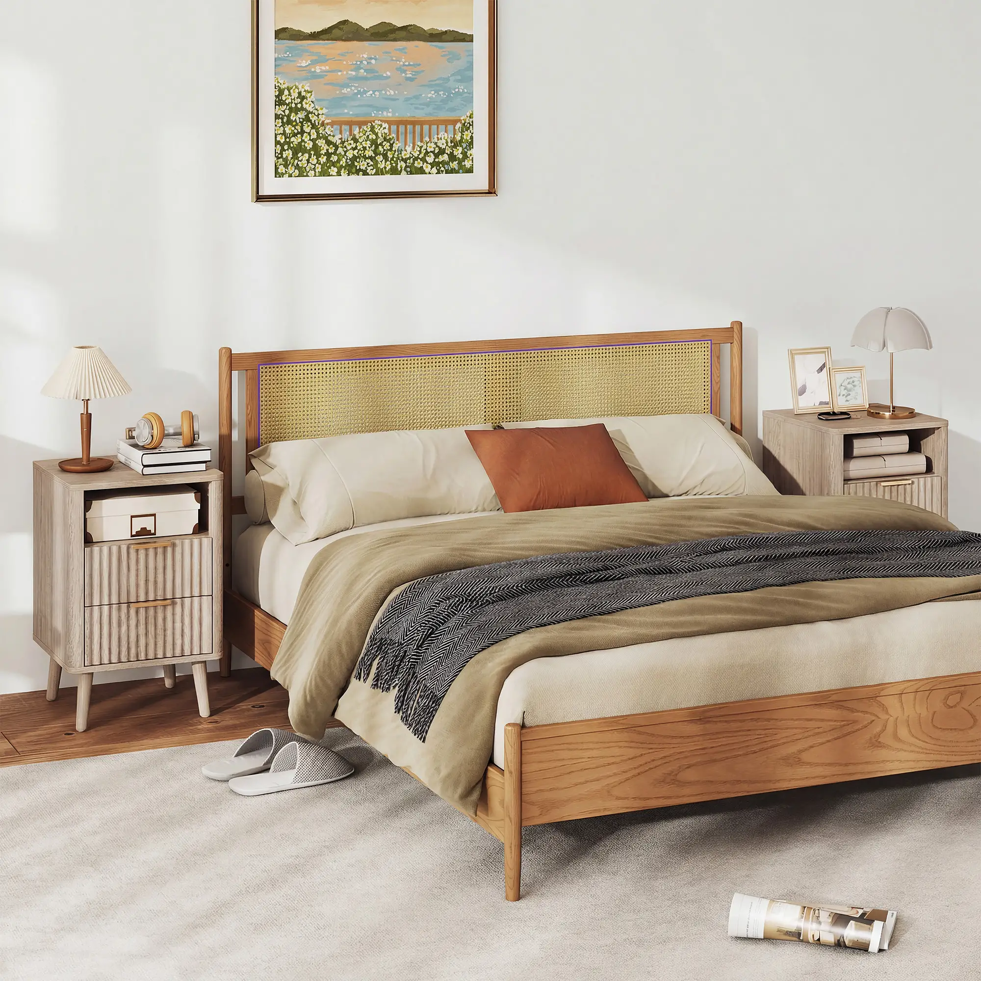 Modern Nightstands Set of 2, Charging Station, 2 Drawers, Open Shelf, Grey - Image 10