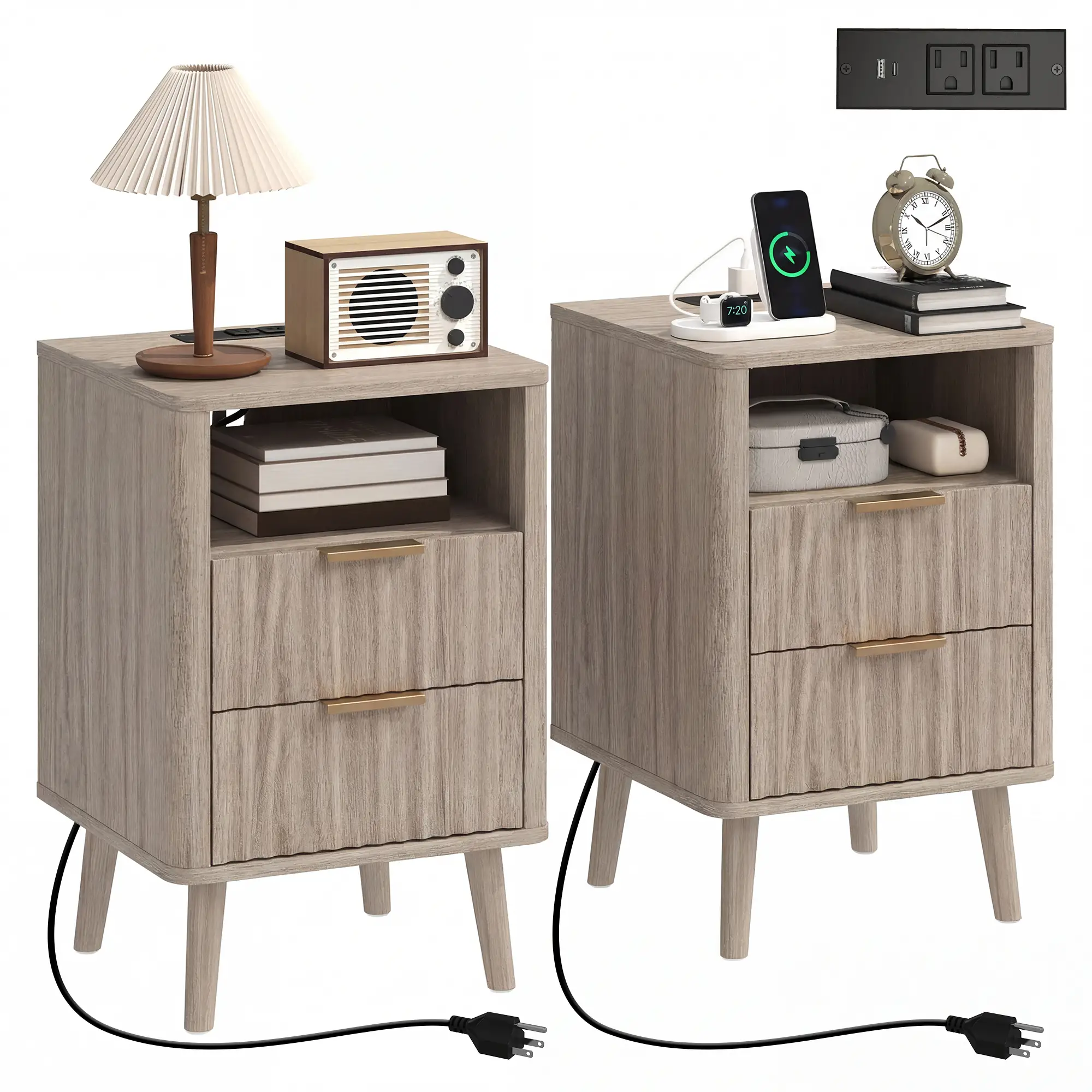 Modern Nightstands Set of 2, Charging Station, 2 Drawers, Open Shelf, Grey - Image 11