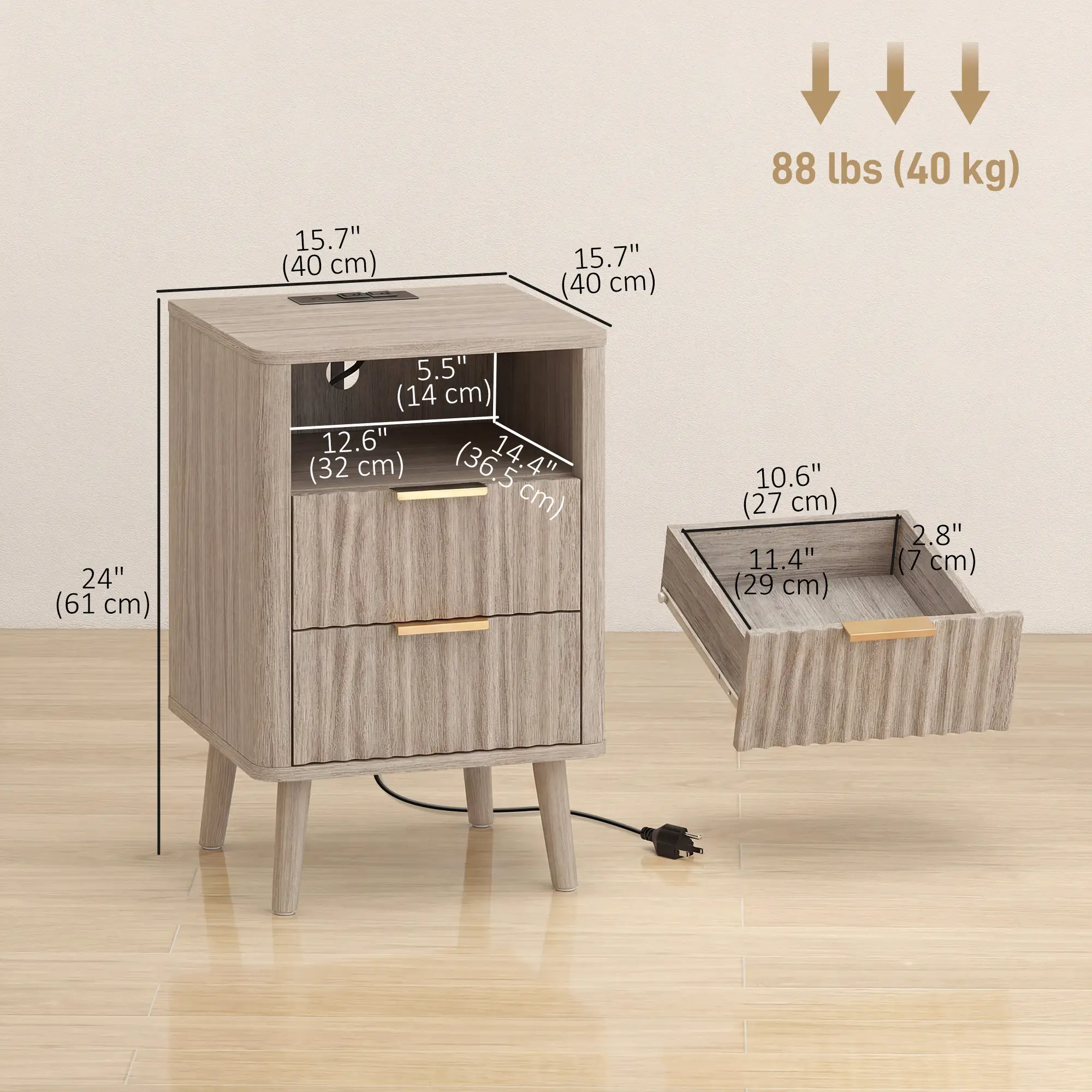 Modern Nightstands Set of 2, Charging Station, 2 Drawers, Open Shelf, Grey - Image 3