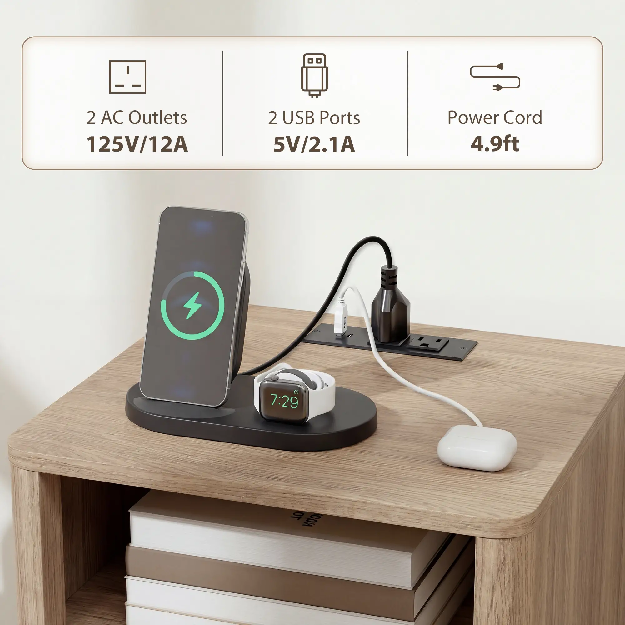 Modern Nightstands Set of 2, Charging Station, 2 Drawers, Open Shelf, Grey - Image 4