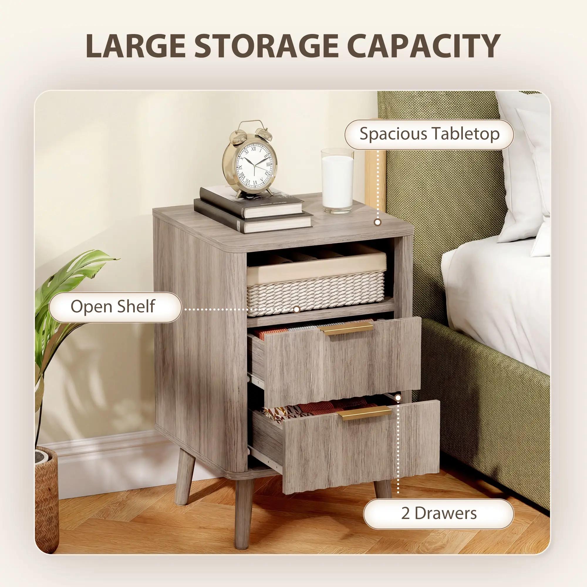 Modern Nightstands Set of 2, Charging Station, 2 Drawers, Open Shelf, Grey - Image 5