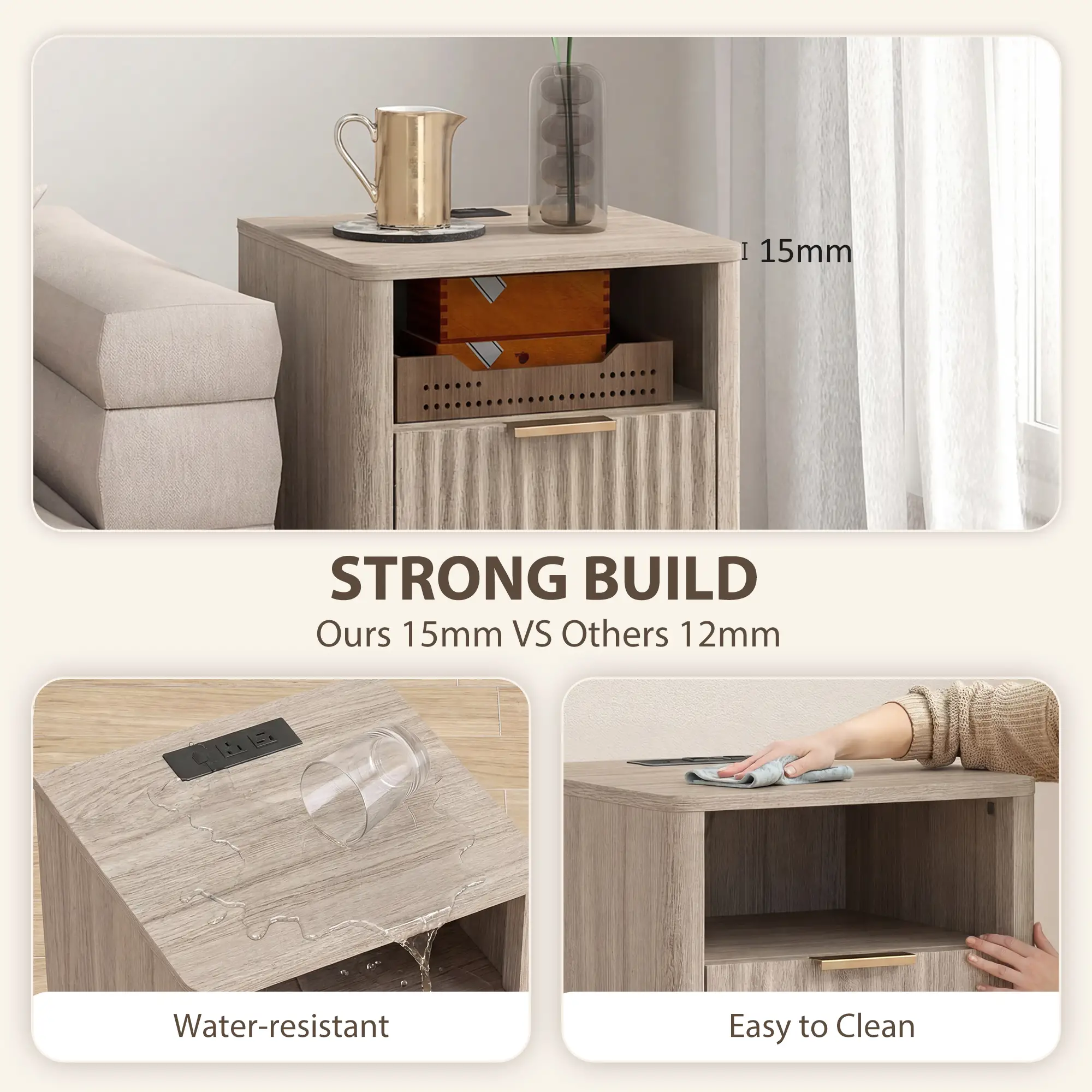 Modern Nightstands Set of 2, Charging Station, 2 Drawers, Open Shelf, Grey - Image 6