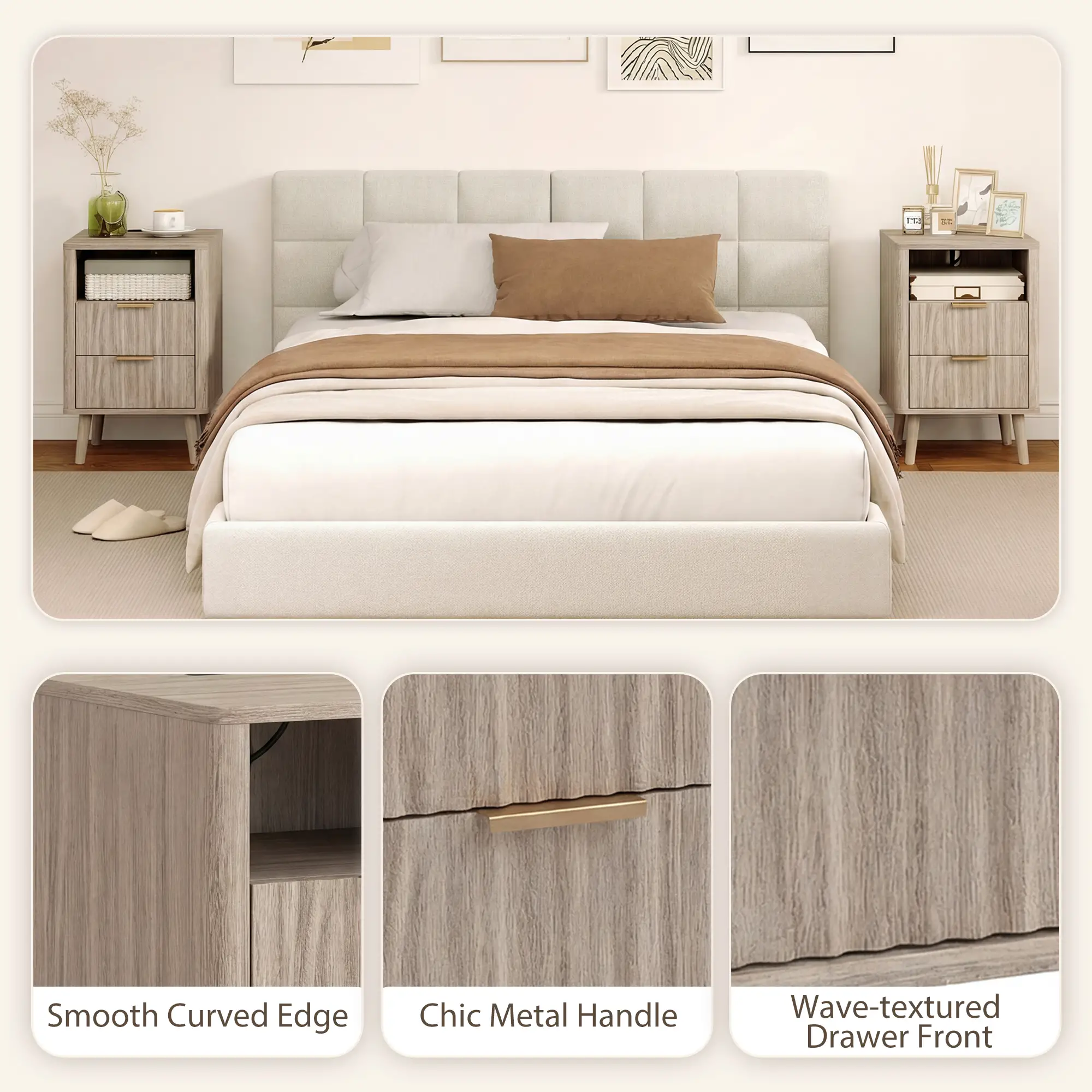 Modern Nightstands Set of 2, Charging Station, 2 Drawers, Open Shelf, Grey - Image 7