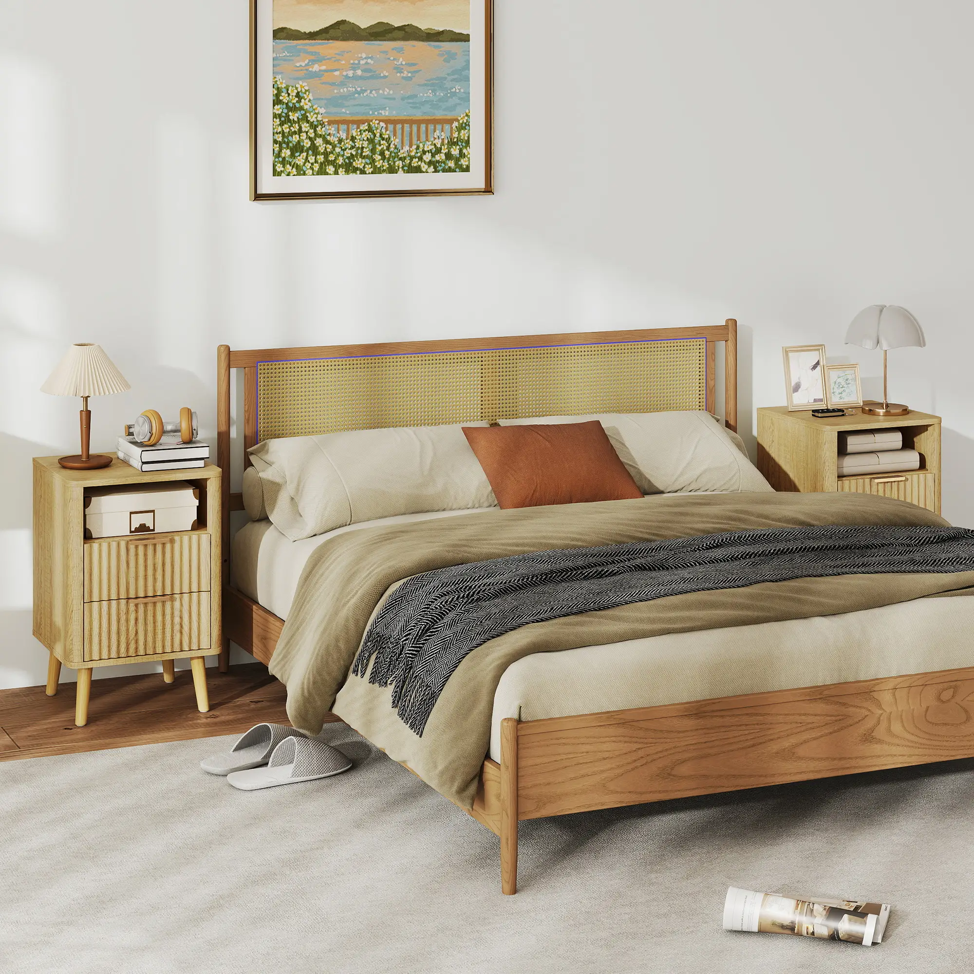 Modern Nightstands Set Of 2, Charging Station, 2 Drawers, Open Shelf, Oak - Image 10