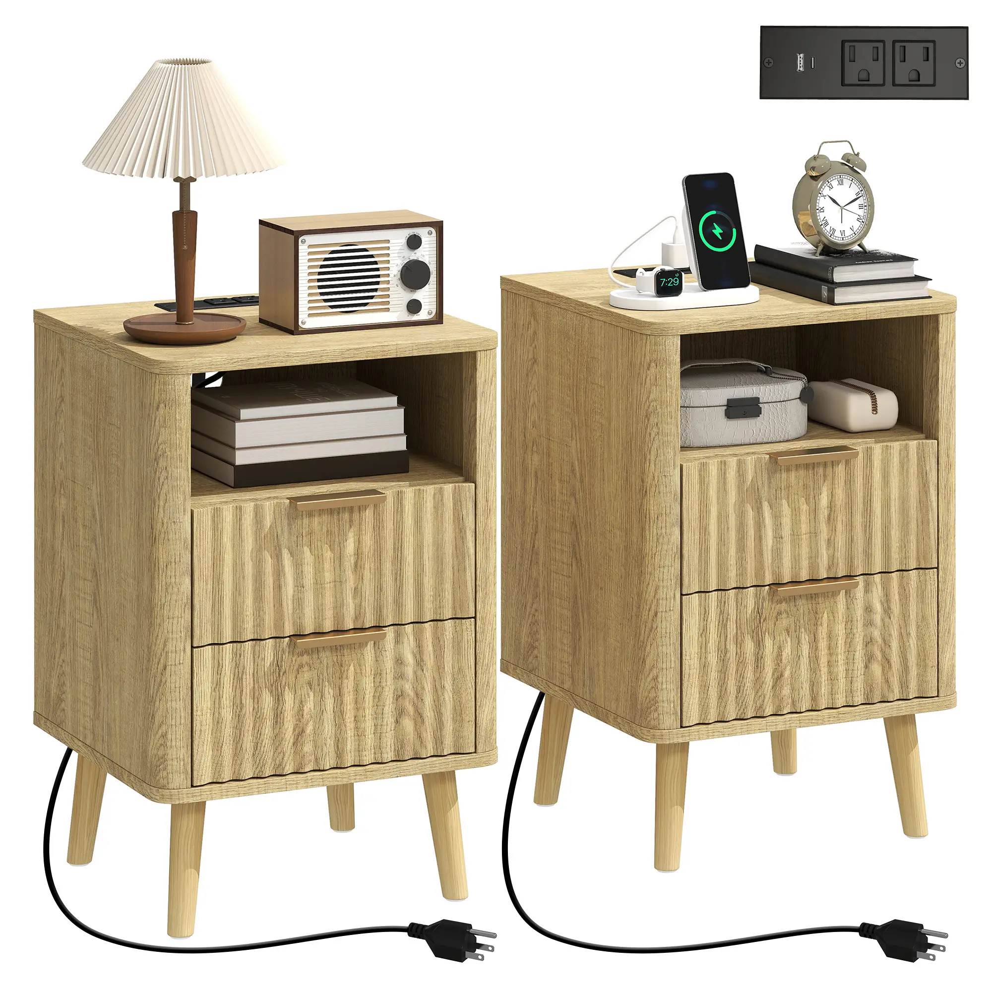Modern Nightstands Set Of 2, Charging Station, 2 Drawers, Open Shelf, Oak - Image 11
