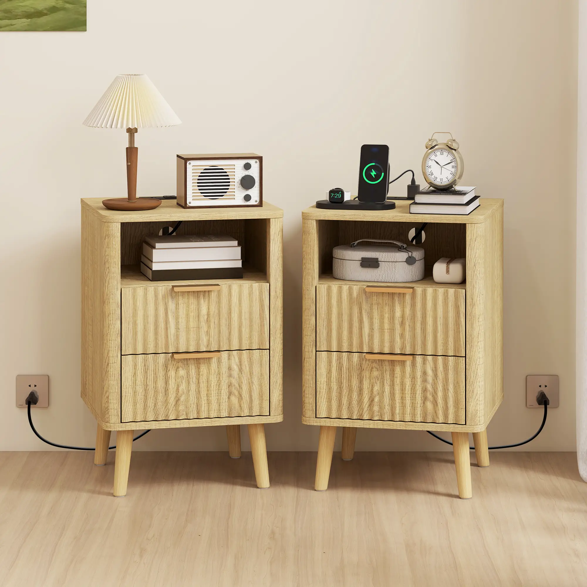 Modern Nightstands Set Of 2, Charging Station, 2 Drawers, Open Shelf, Oak - Image 2
