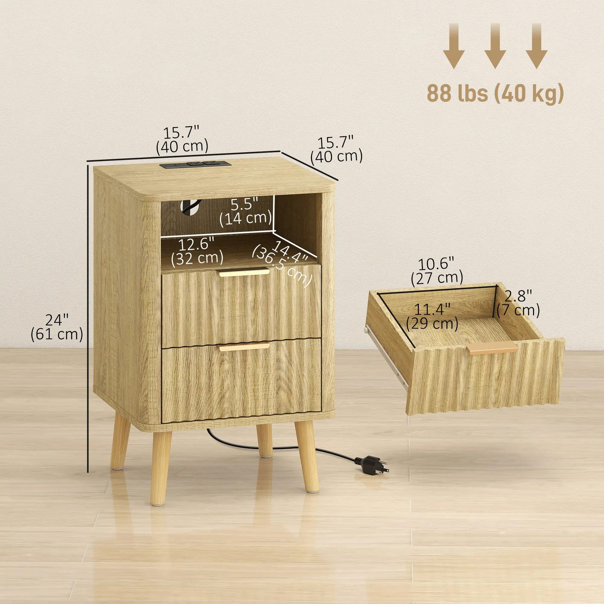 Modern Nightstands Set Of 2, Charging Station, 2 Drawers, Open Shelf, Oak - Image 3