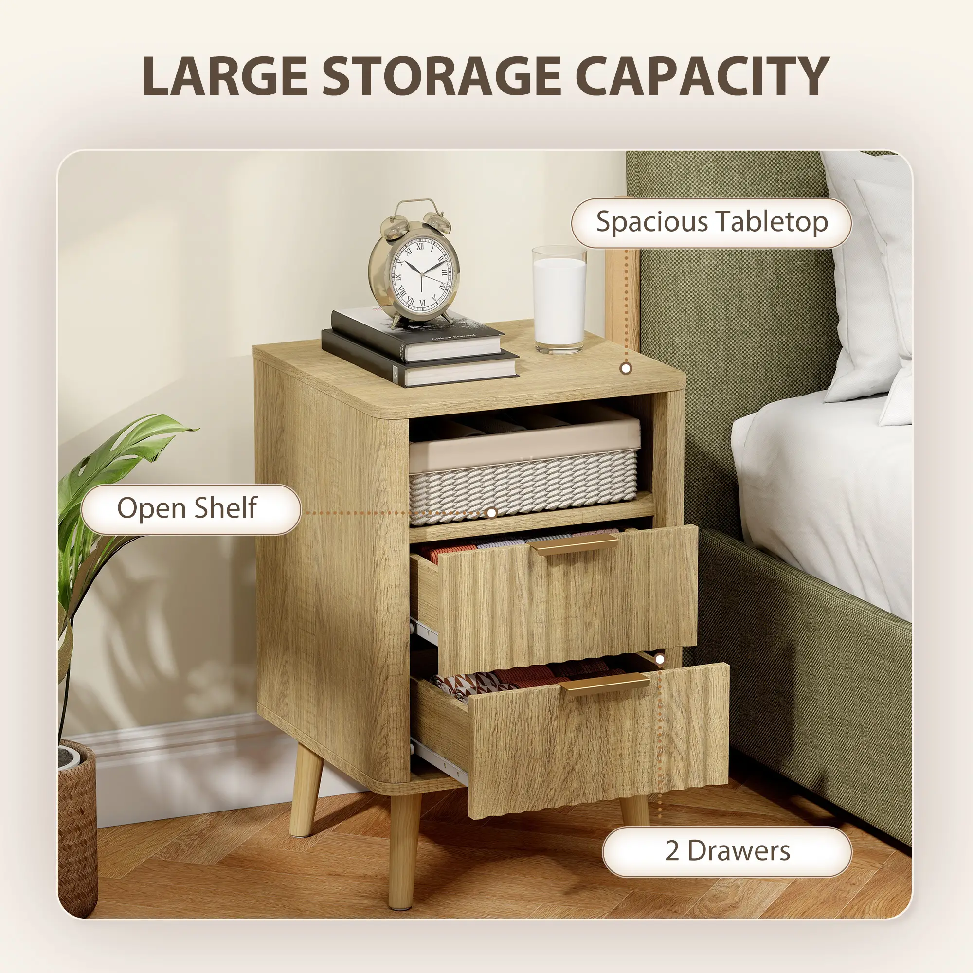 Modern Nightstands Set Of 2, Charging Station, 2 Drawers, Open Shelf, Oak - Image 5