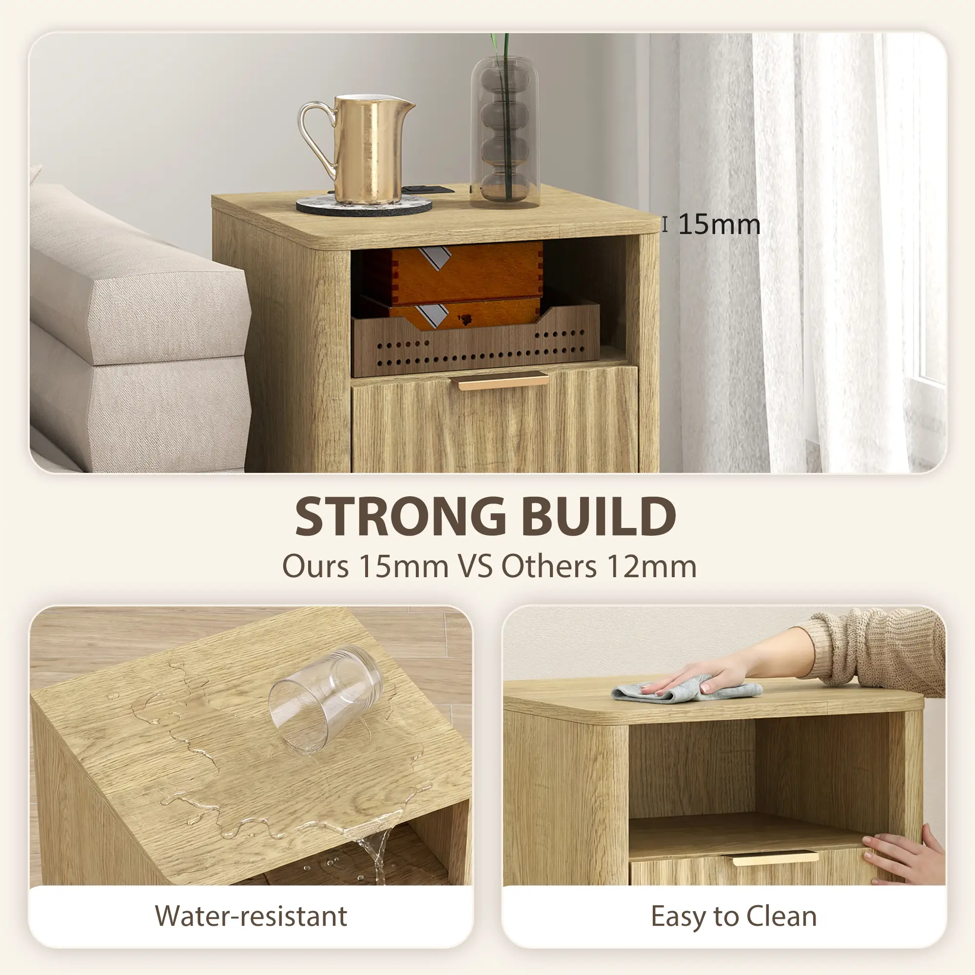 Modern Nightstands Set Of 2, Charging Station, 2 Drawers, Open Shelf, Oak - Image 6