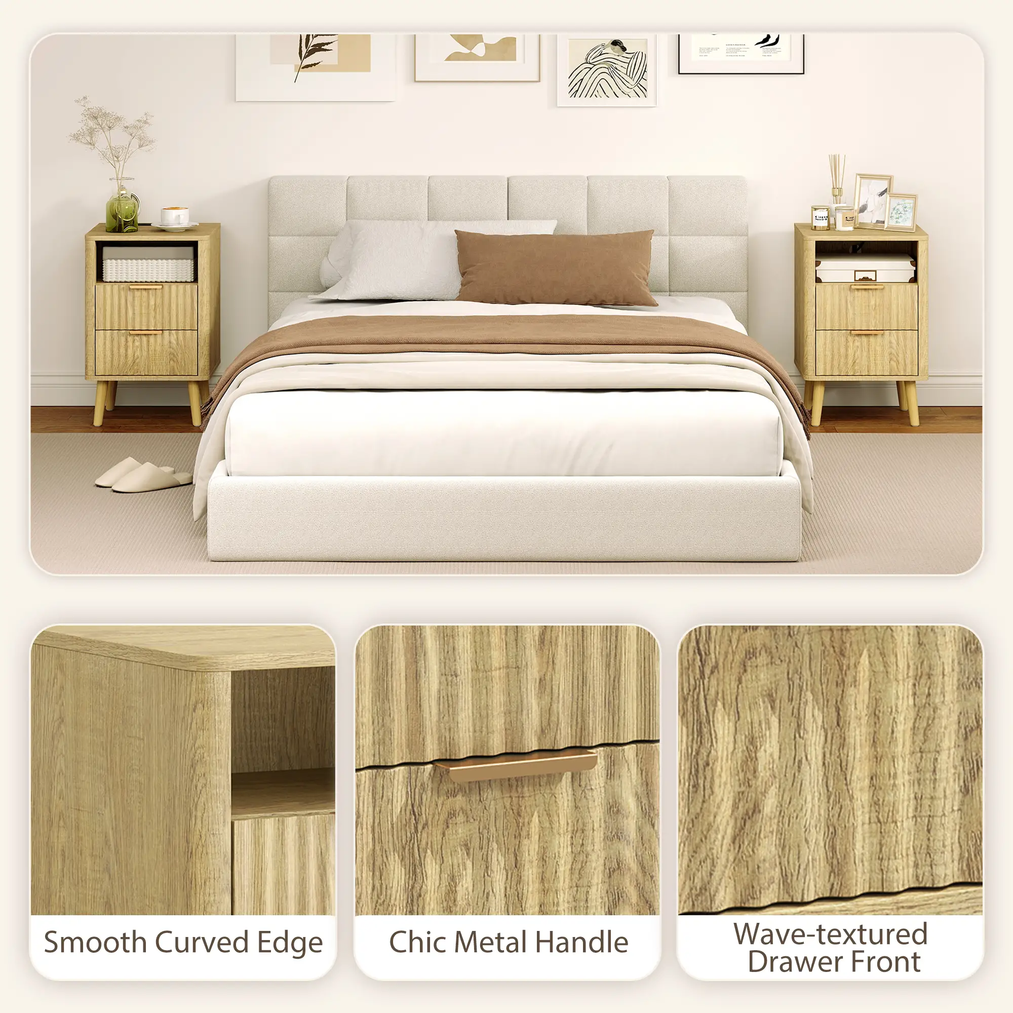 Modern Nightstands Set Of 2, Charging Station, 2 Drawers, Open Shelf, Oak - Image 7