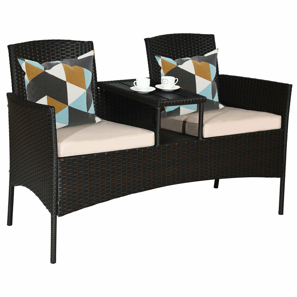 Modern Patio Conversation Set, Built-In Coffee Table, Cushions, Beige - Image 10