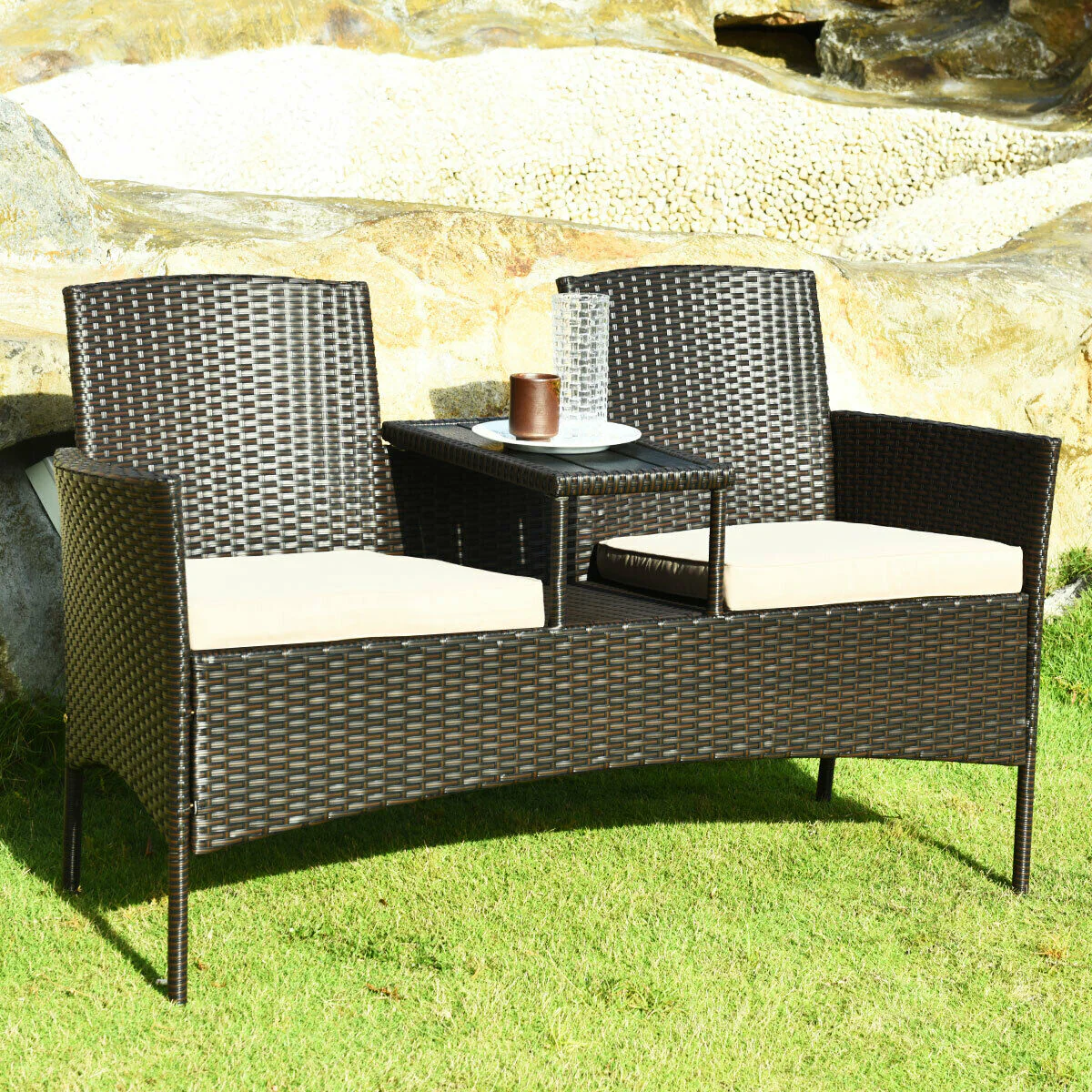 Modern Patio Conversation Set, Built-In Coffee Table, Cushions, Beige - Image 2
