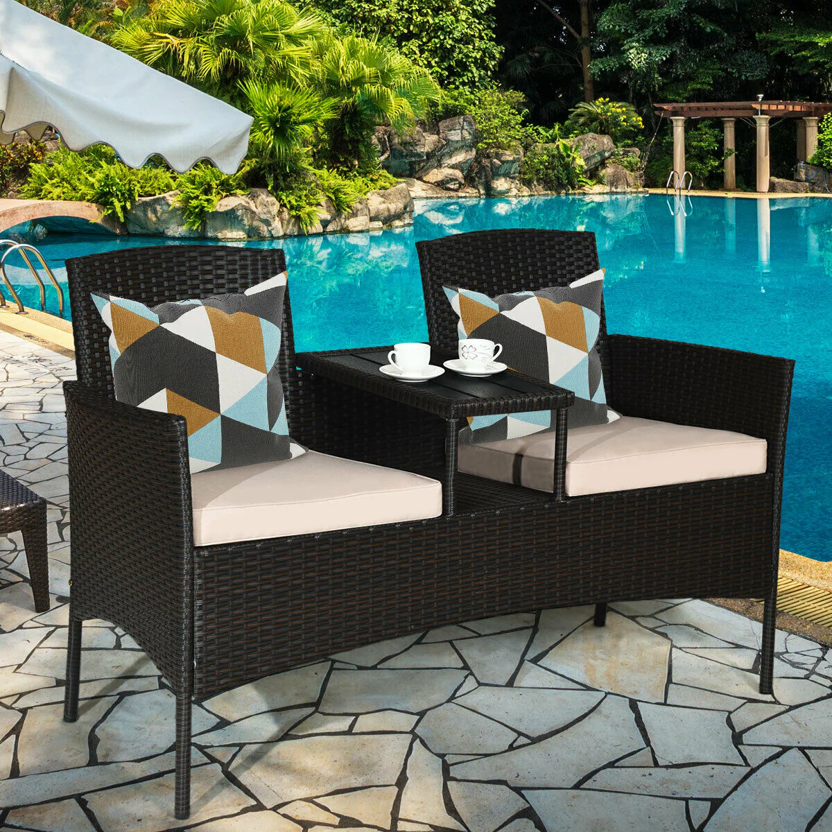 Modern Patio Conversation Set, Built-In Coffee Table, Cushions, Beige - Image 3