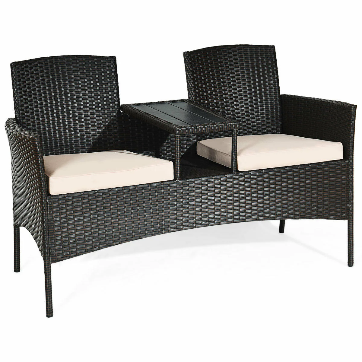 Modern Patio Conversation Set, Built-In Coffee Table, Cushions, Beige - Image 4