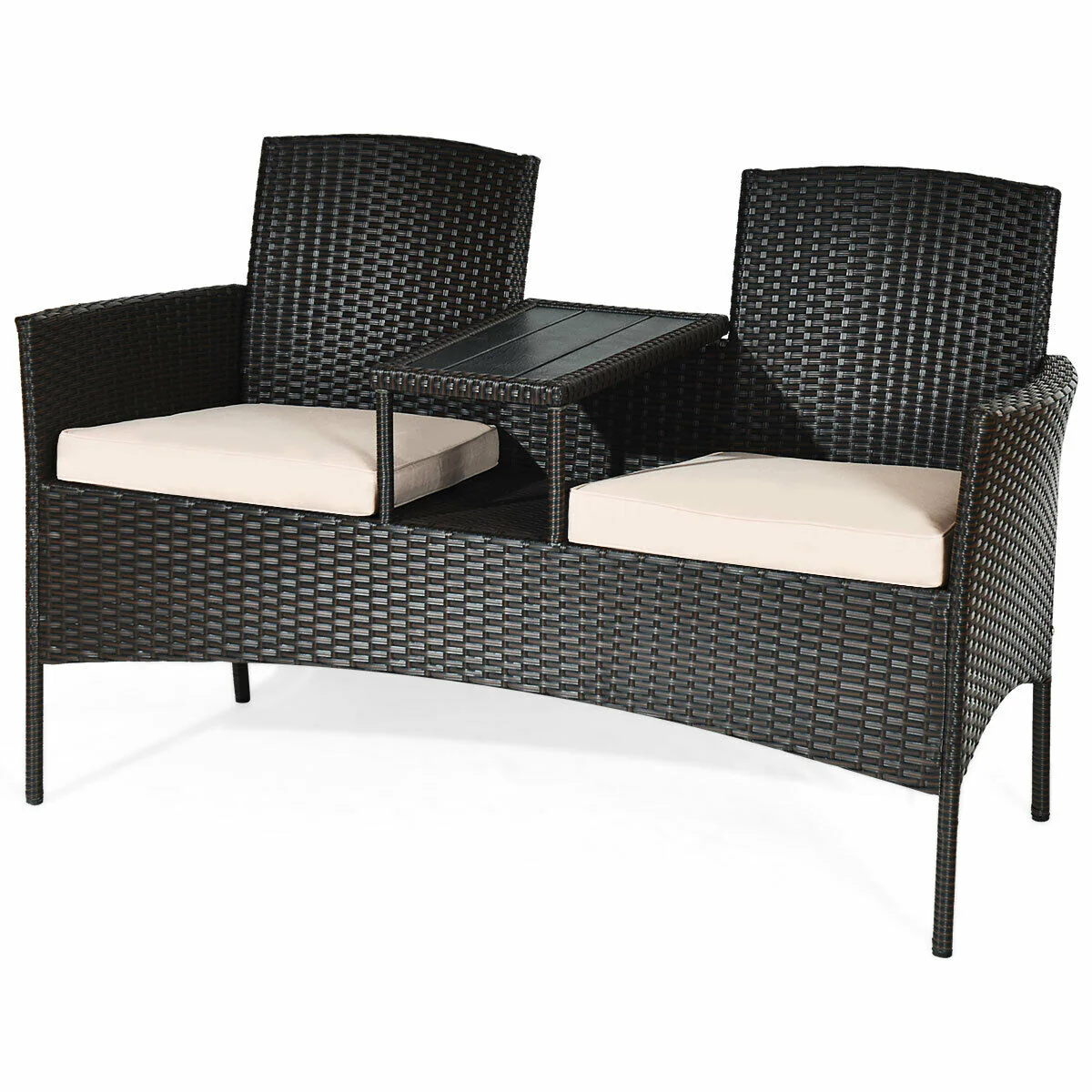 Modern Patio Conversation Set, Built-In Coffee Table, Cushions, Beige - Image 5