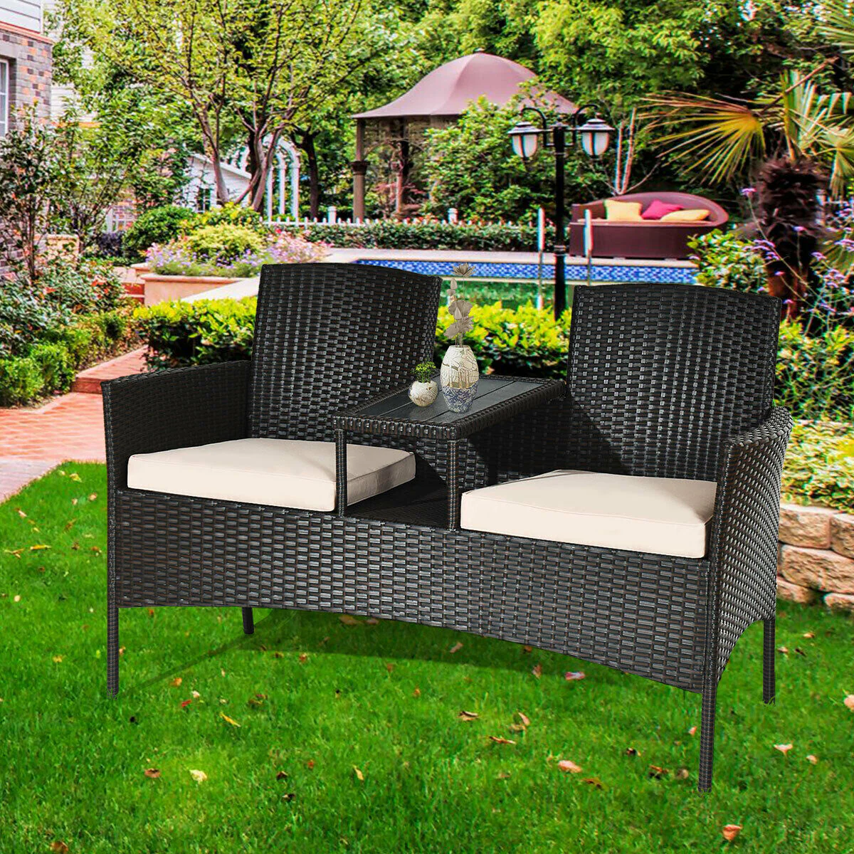 Modern Patio Conversation Set, Built-In Coffee Table, Cushions, Beige - Image 7