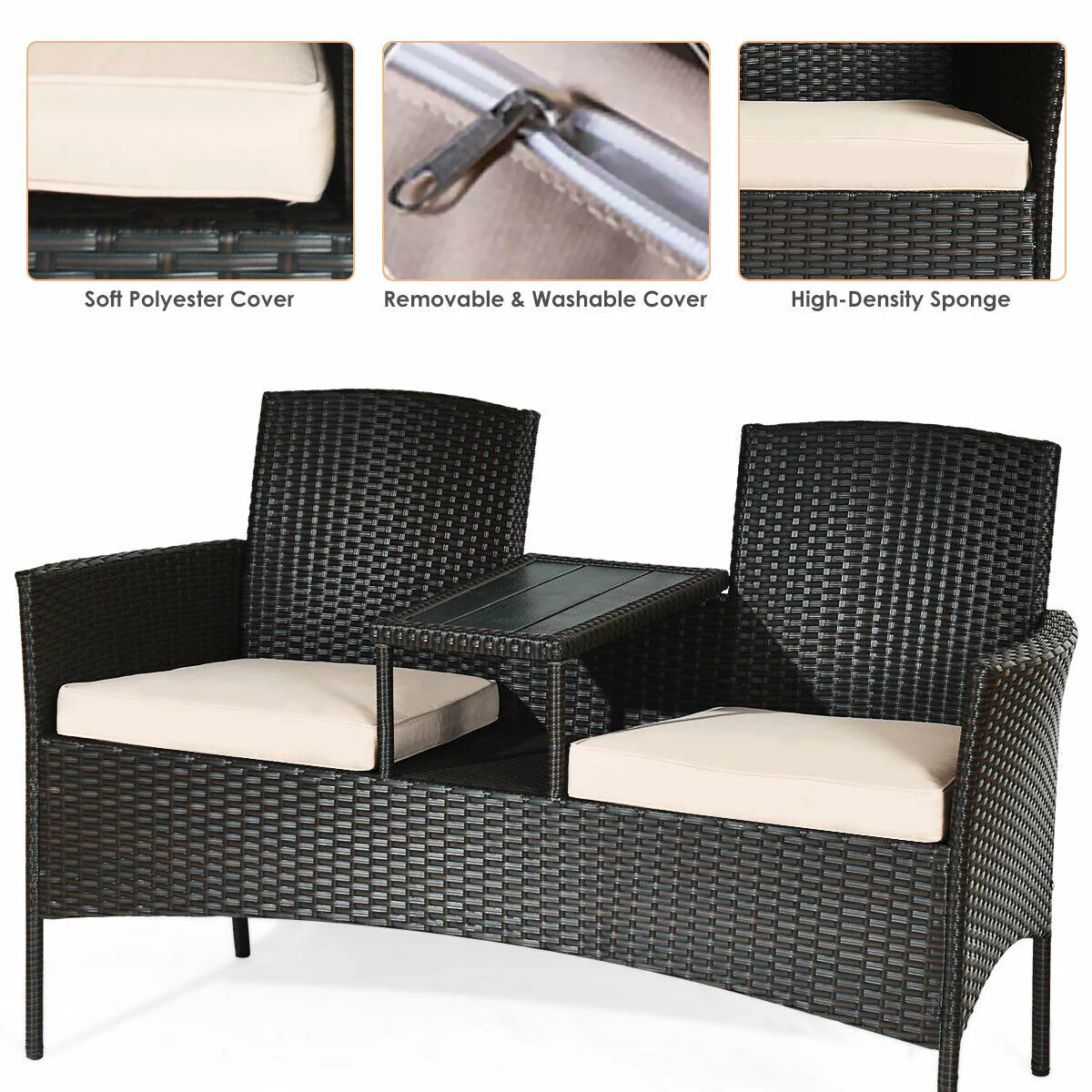 Modern Patio Conversation Set, Built-In Coffee Table, Cushions, Beige - Image 8