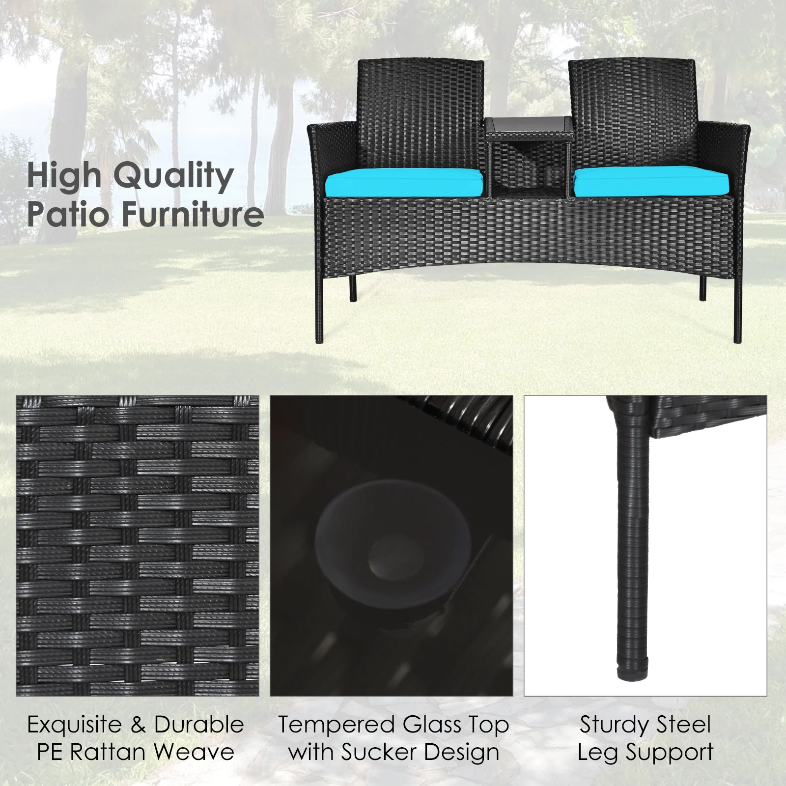 Modern Patio Conversation Set, Built-In Coffee Table, Cushions, Turquoise - Image 10