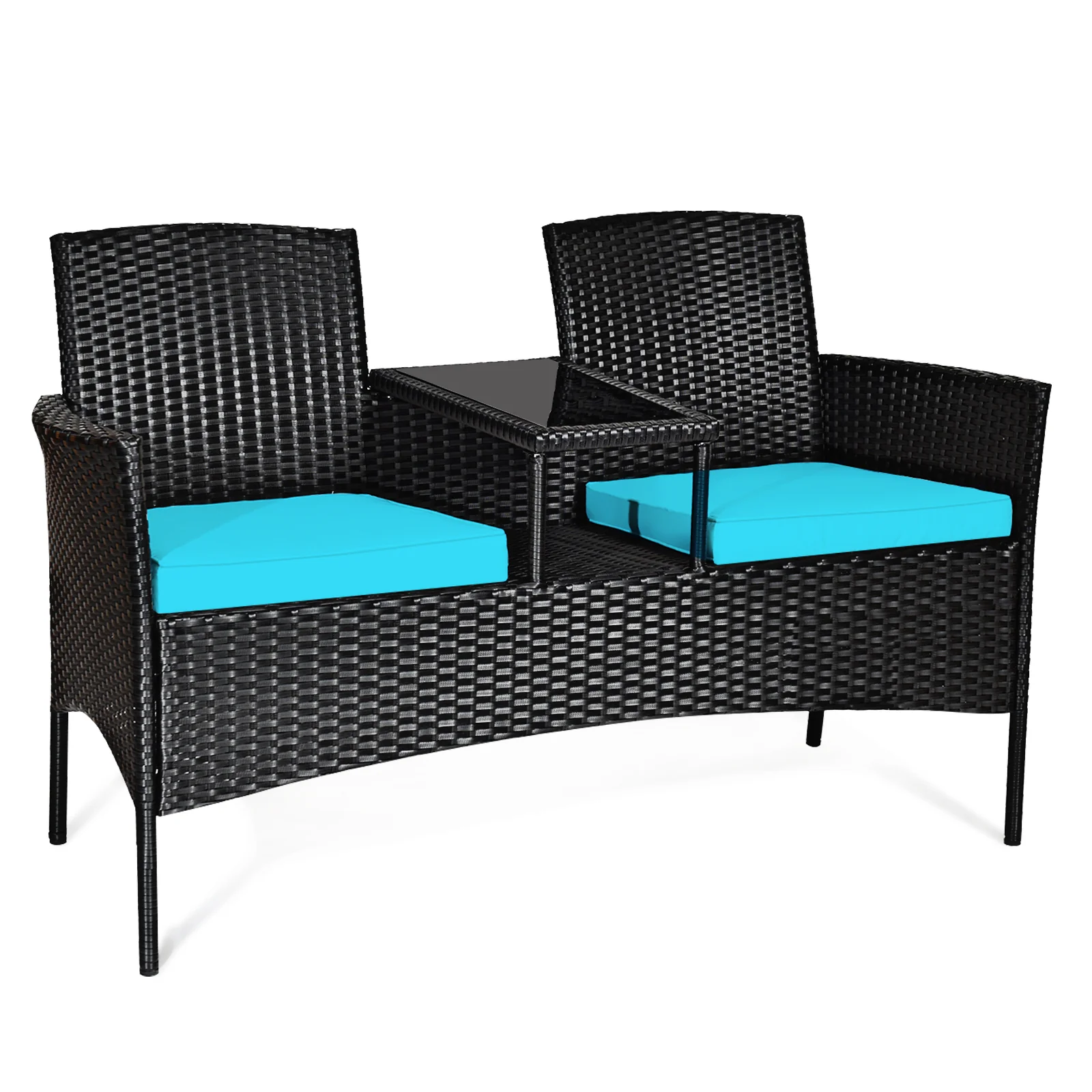 Modern Patio Conversation Set, Built-In Coffee Table, Cushions, Turquoise - Image 2