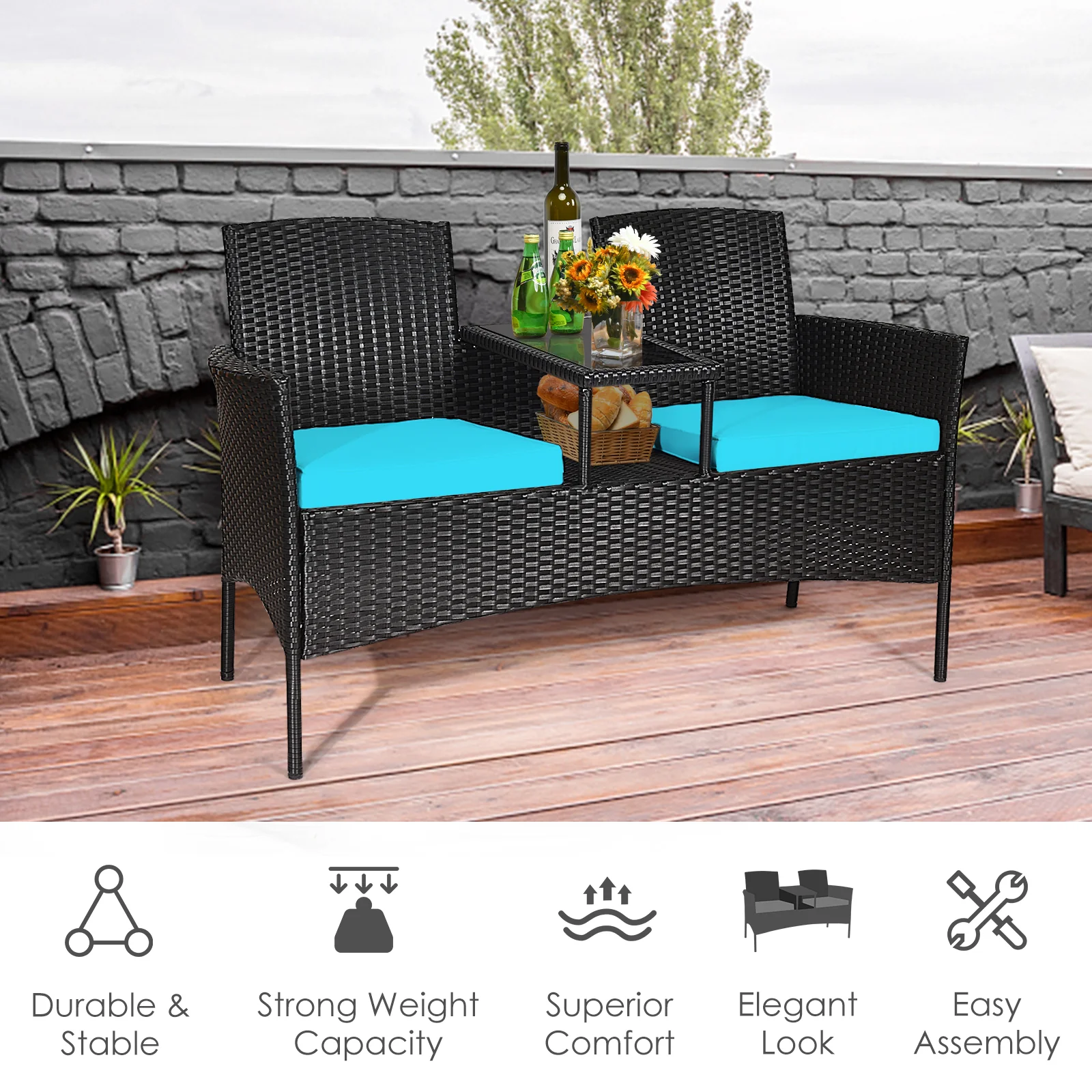 Modern Patio Conversation Set, Built-In Coffee Table, Cushions, Turquoise - Image 6