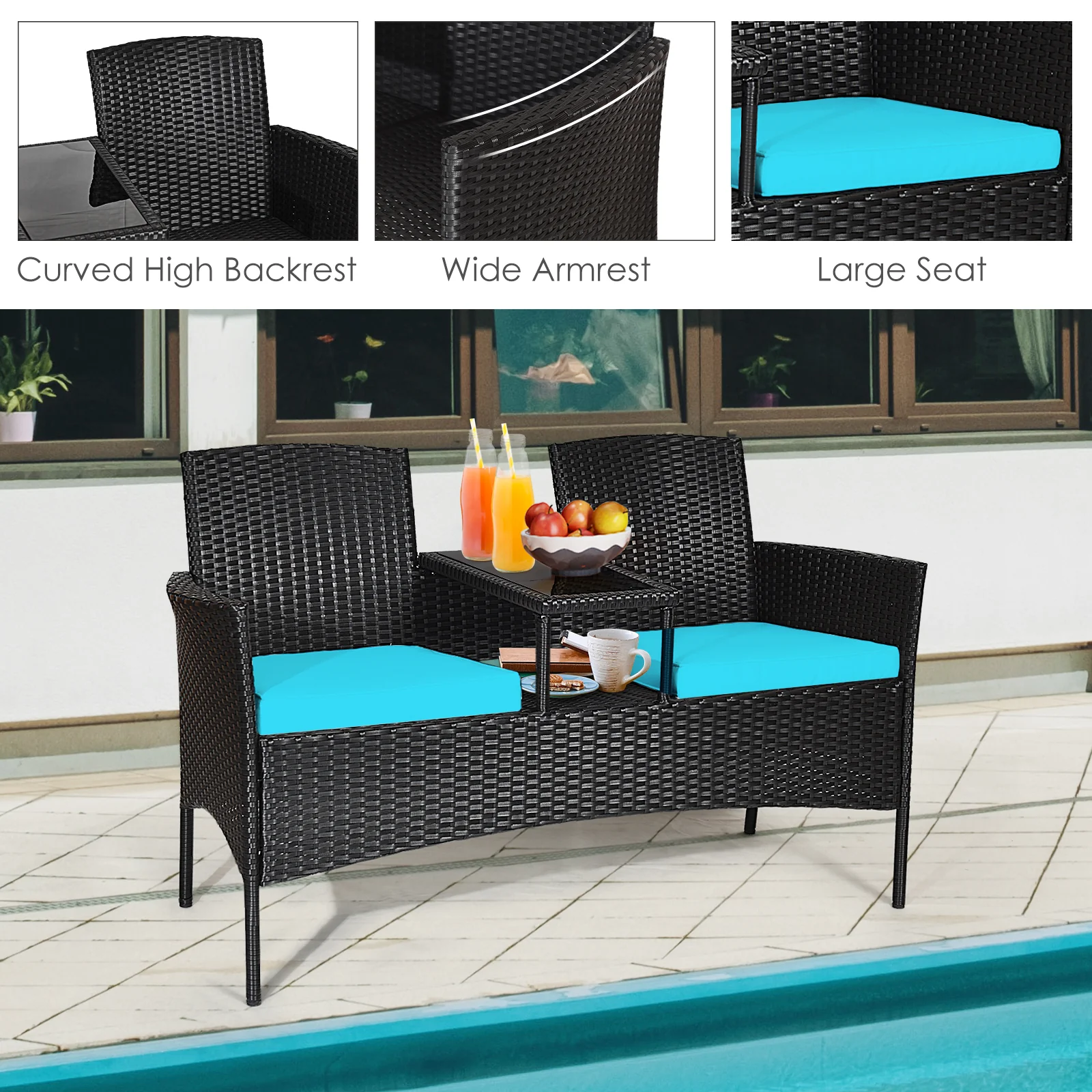 Modern Patio Conversation Set, Built-In Coffee Table, Cushions, Turquoise - Image 7