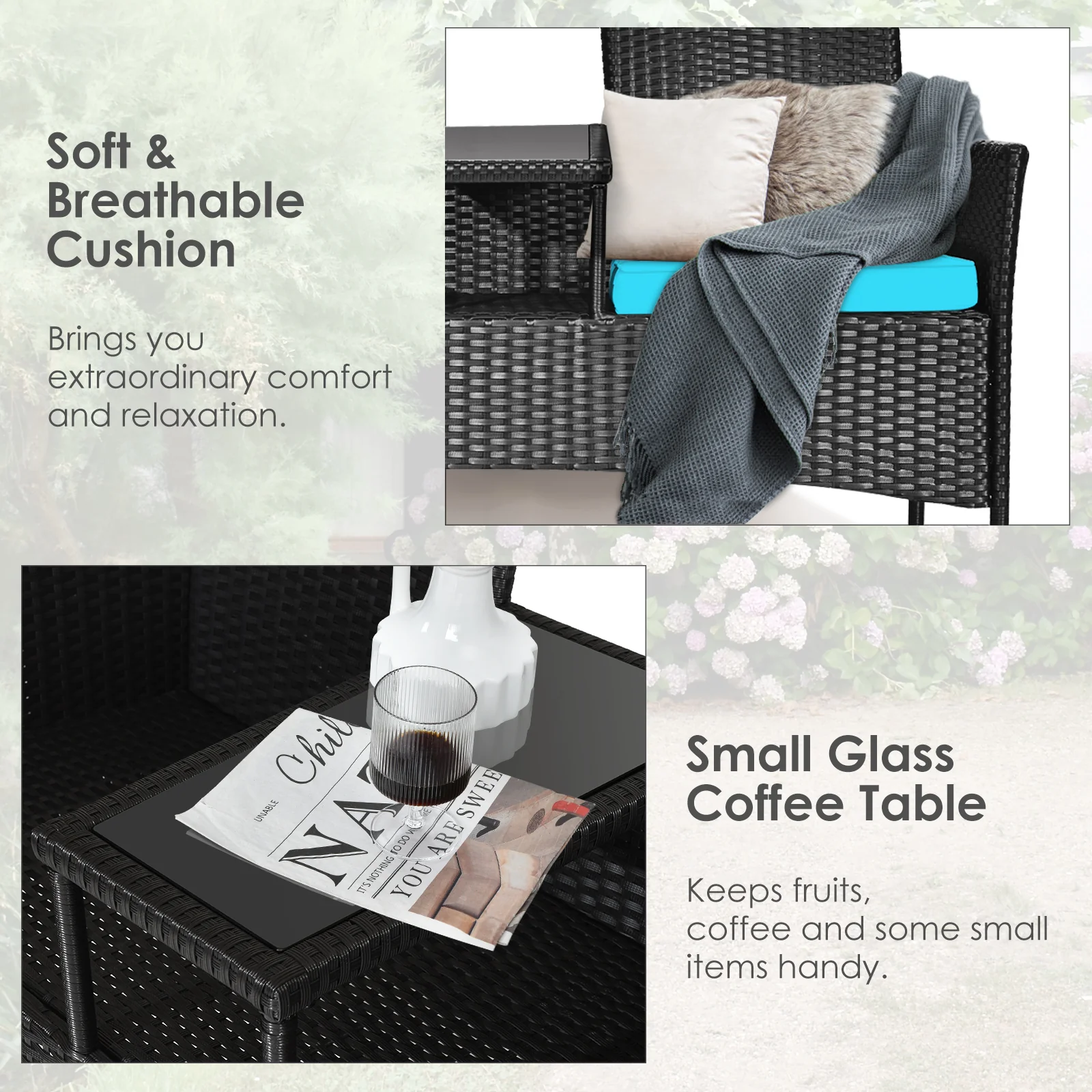 Modern Patio Conversation Set, Built-In Coffee Table, Cushions, Turquoise - Image 9
