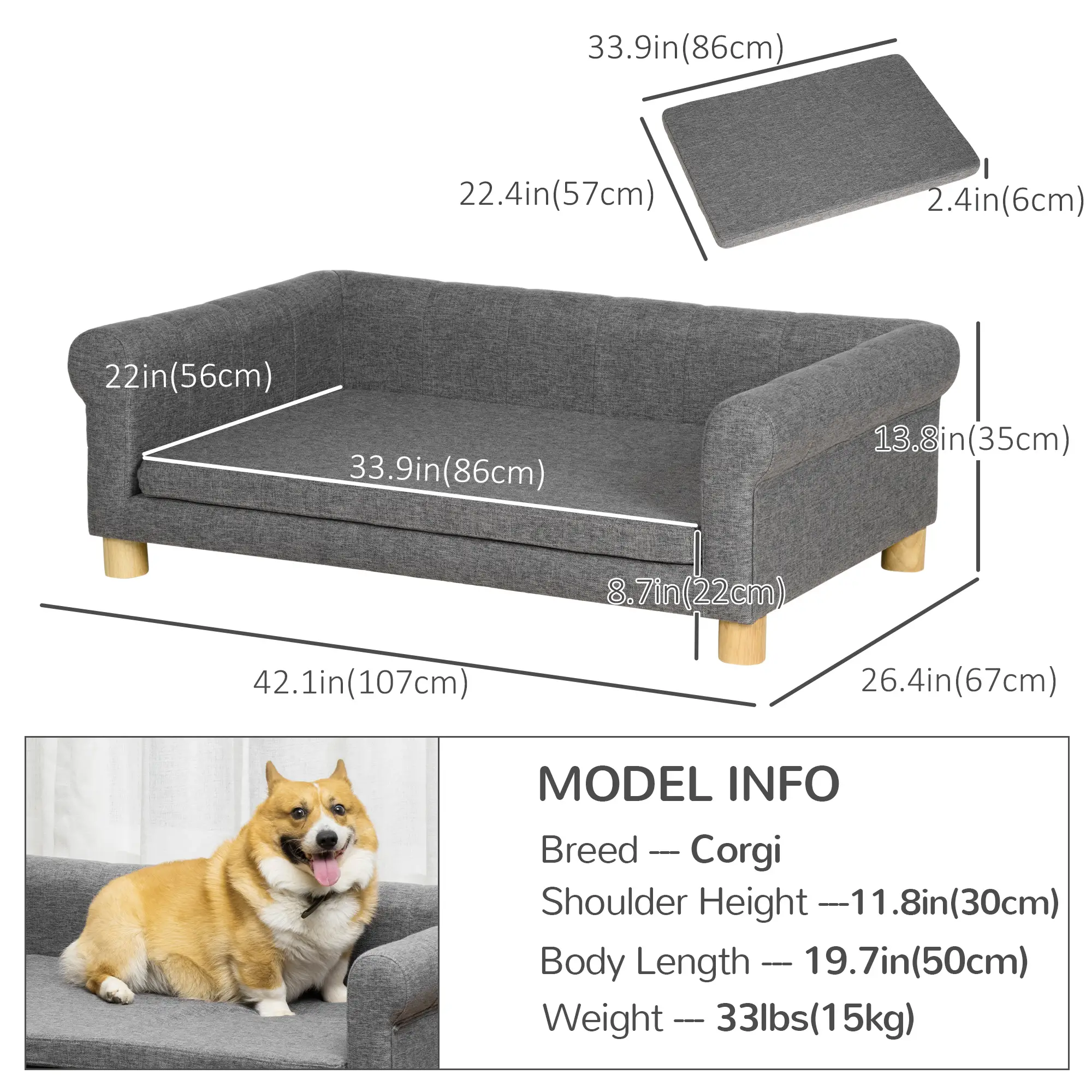 Modern Pet Sofa, Medium Large Dog Bed, Removable Cushion, Dark Grey - Image 3